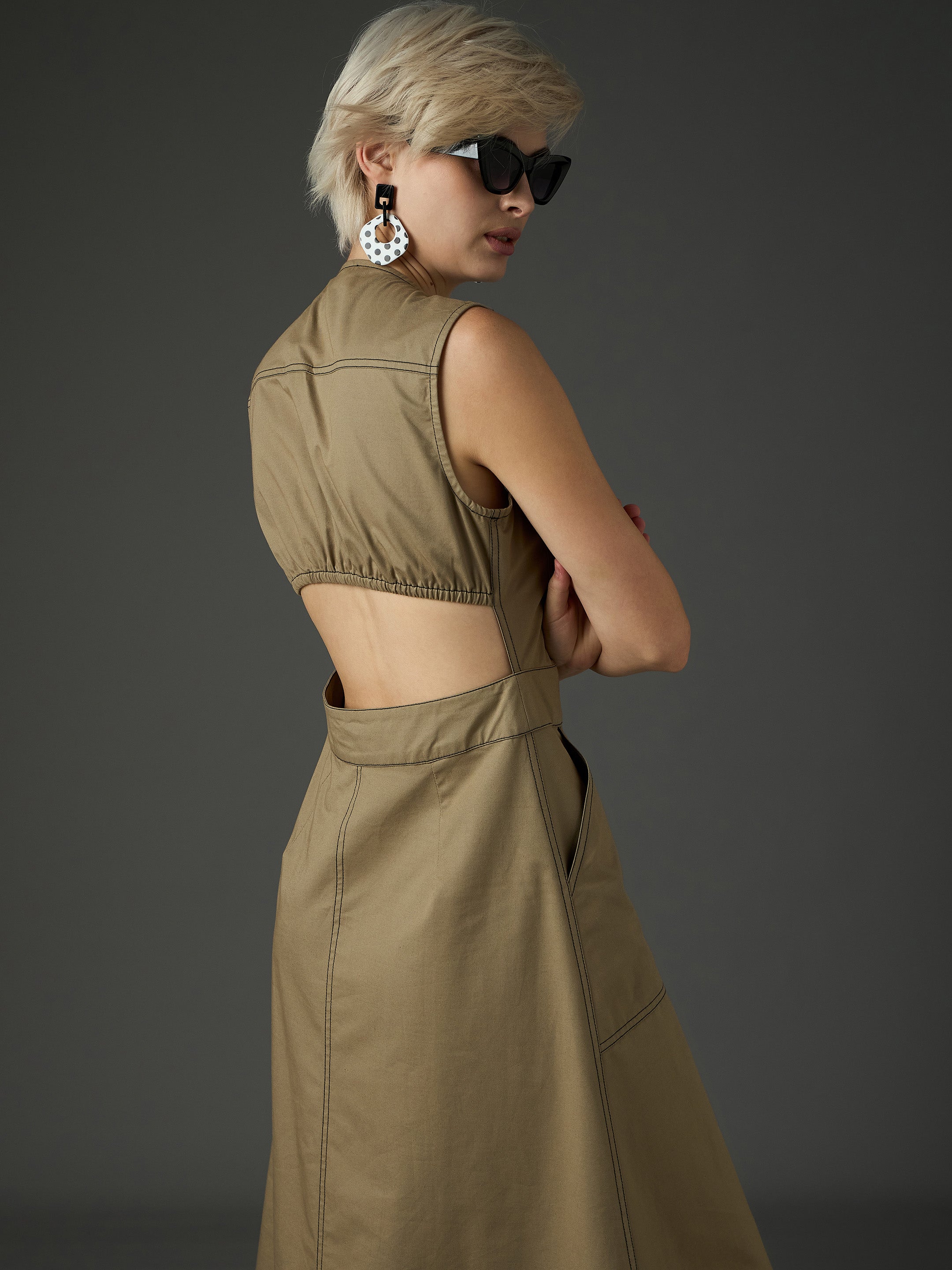 pastel olive twill waist cut out midi dress sassafras