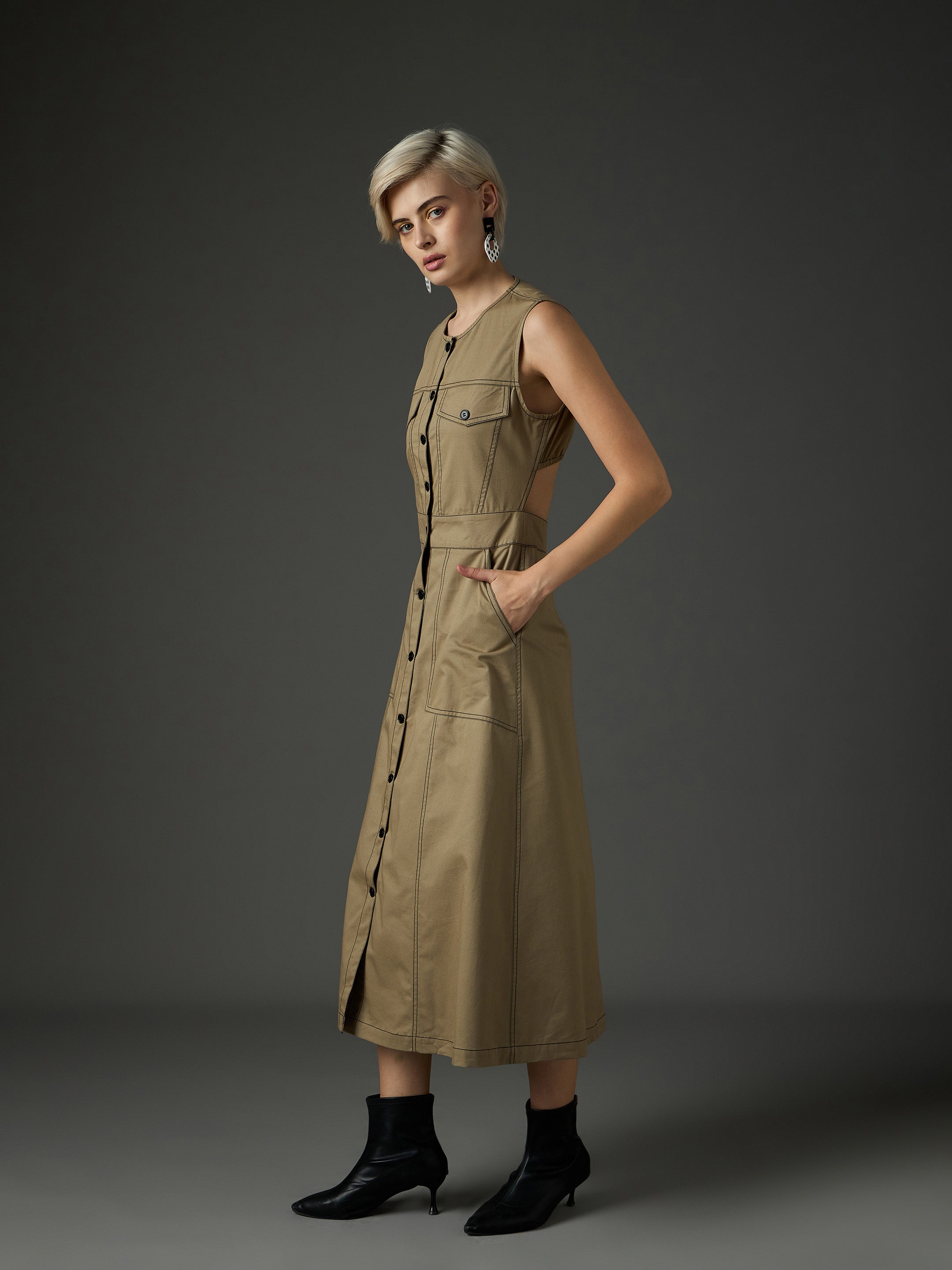 pastel olive twill waist cut out midi dress sassafras