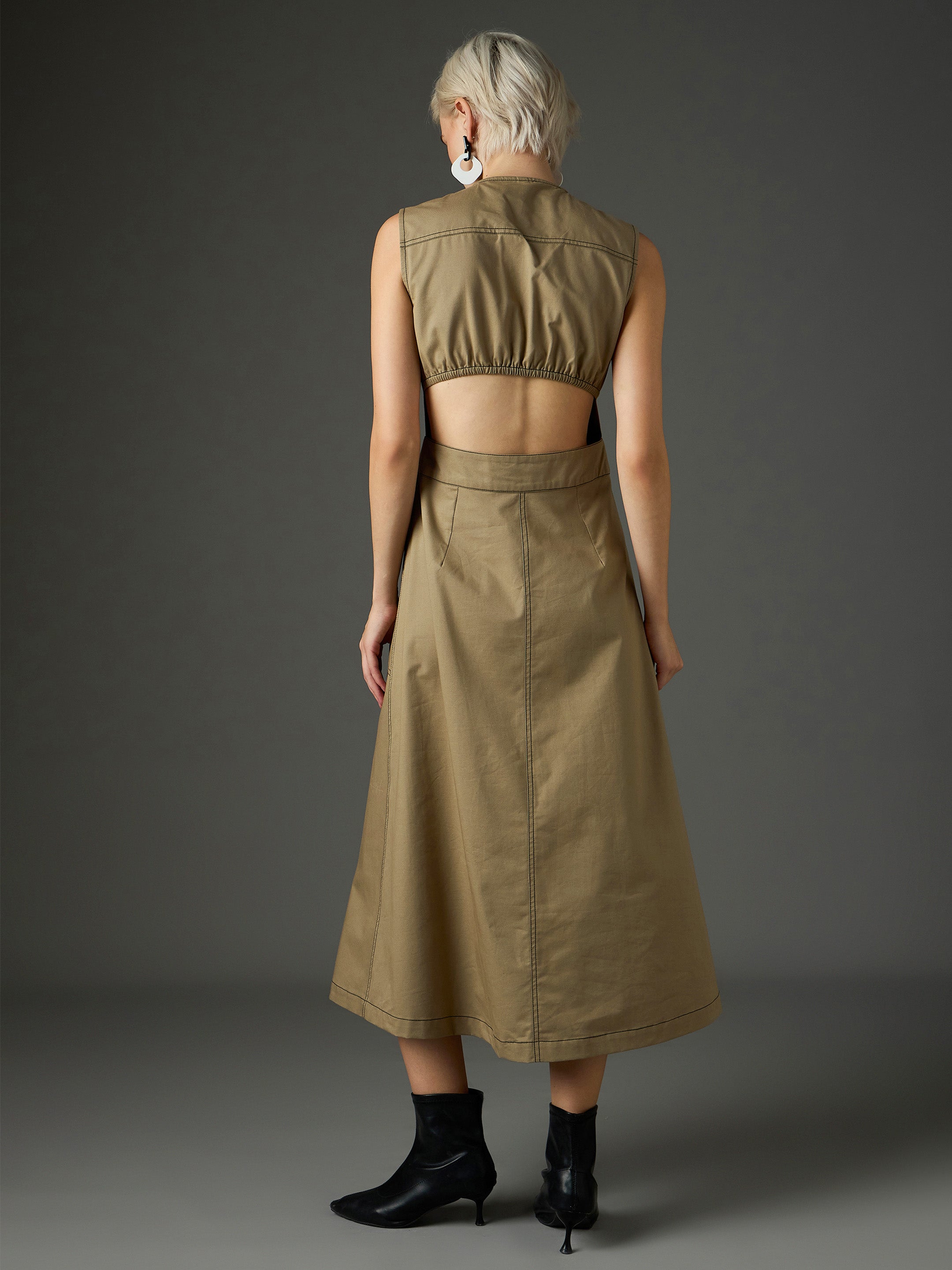 pastel olive twill waist cut out midi dress sassafras