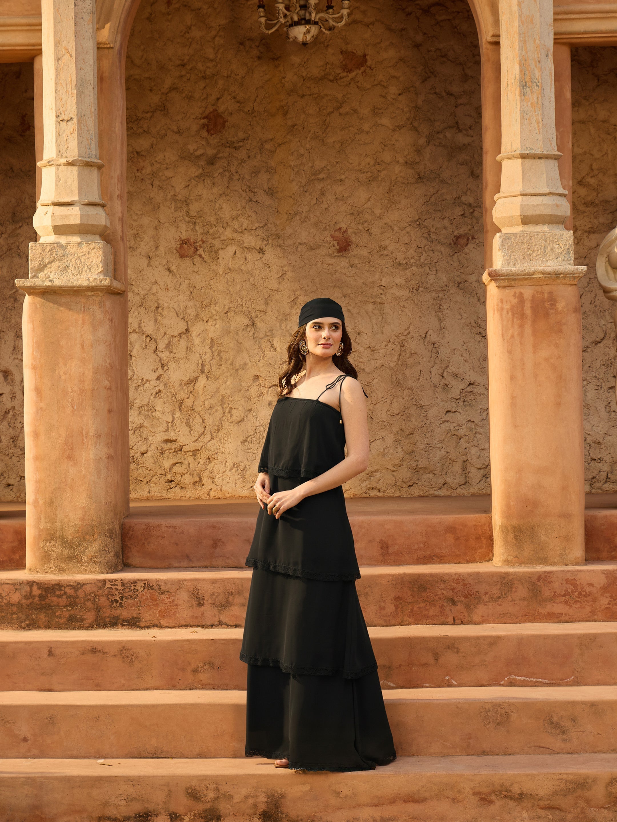 Black Frill Strappy Maxi Dress SASSAFRAS