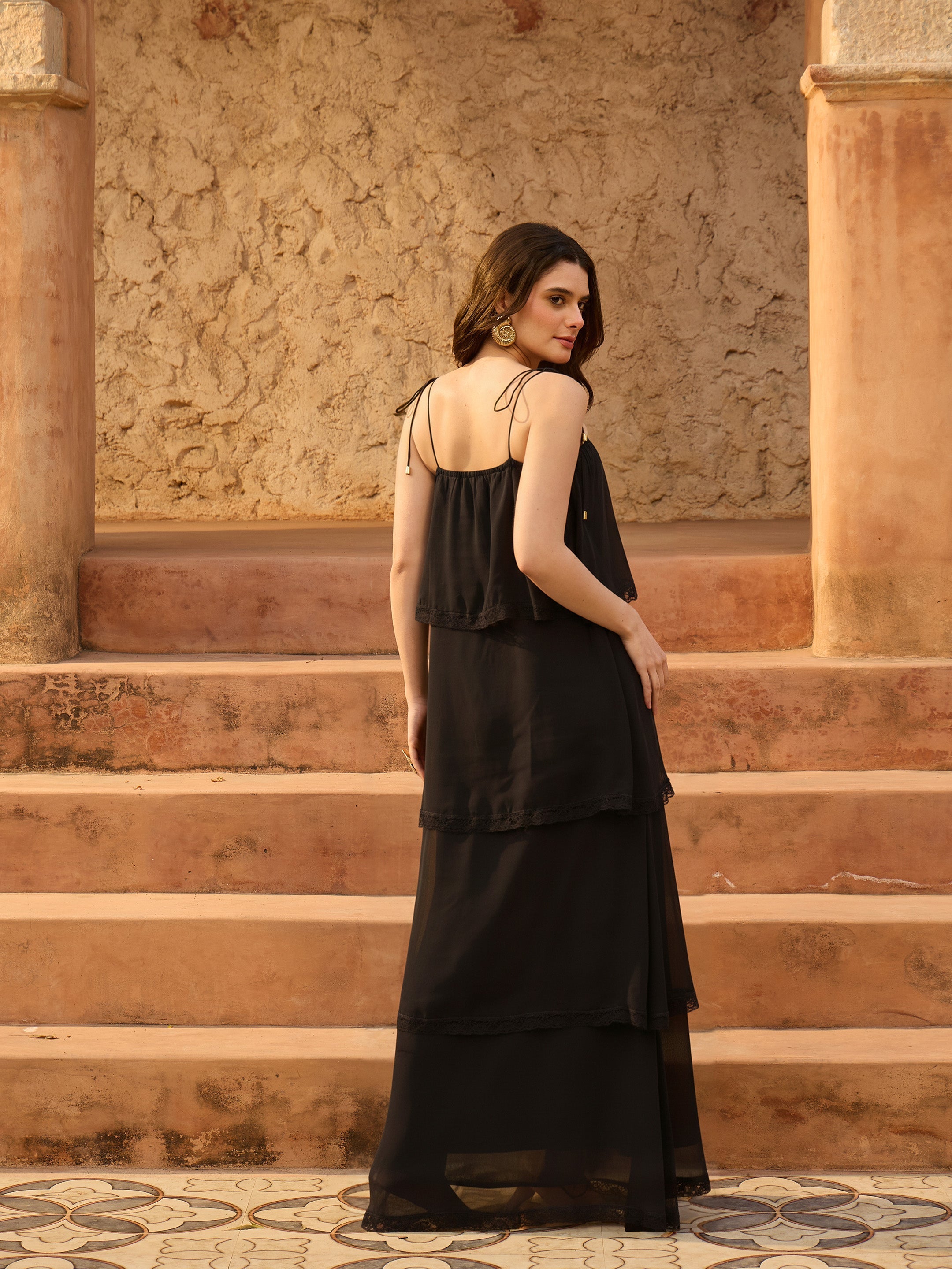 Black Frill Strappy Maxi Dress SASSAFRAS
