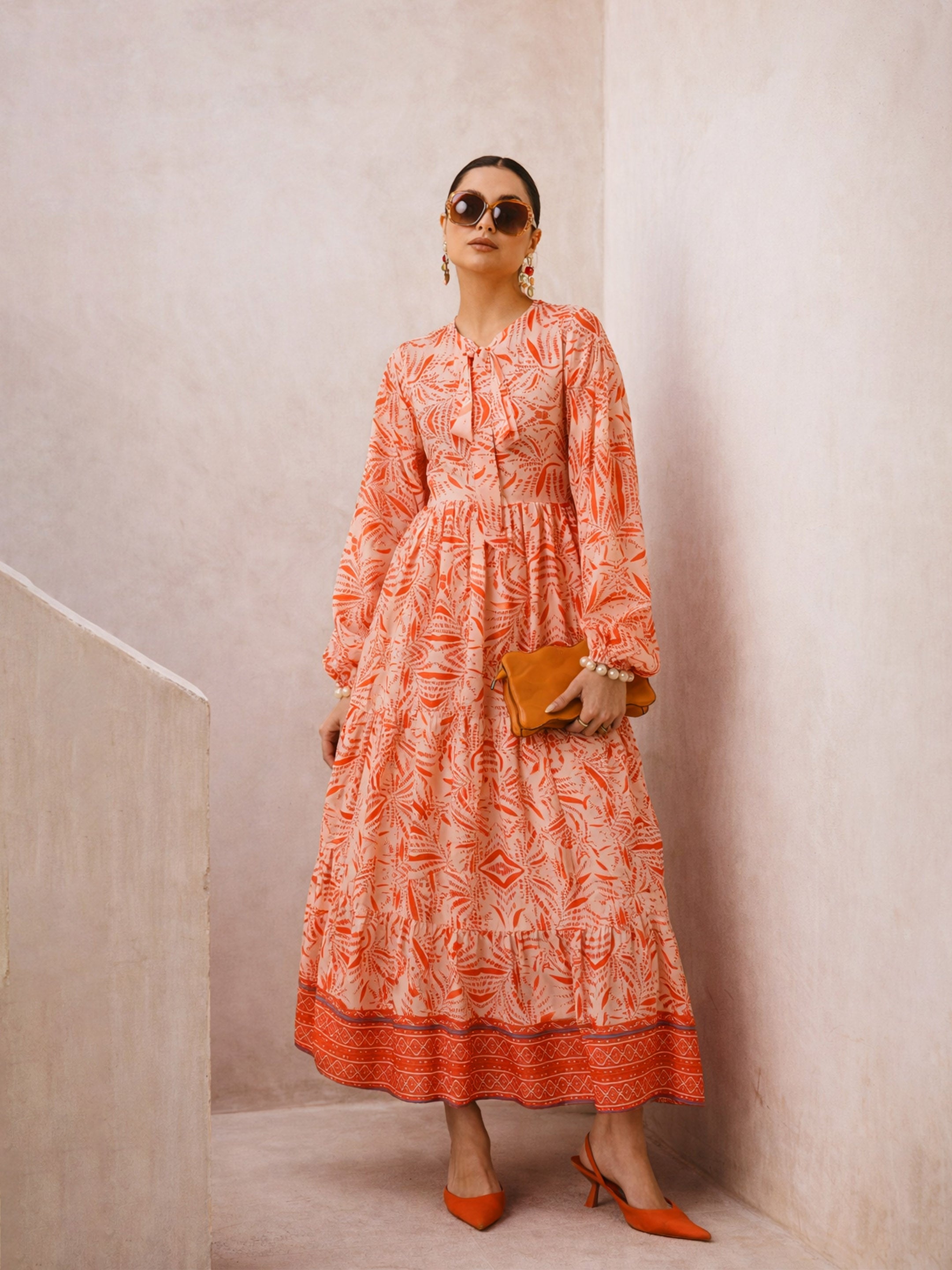 Orange Conversational Print Full Sleeves Maxi Dress SASSAFRAS