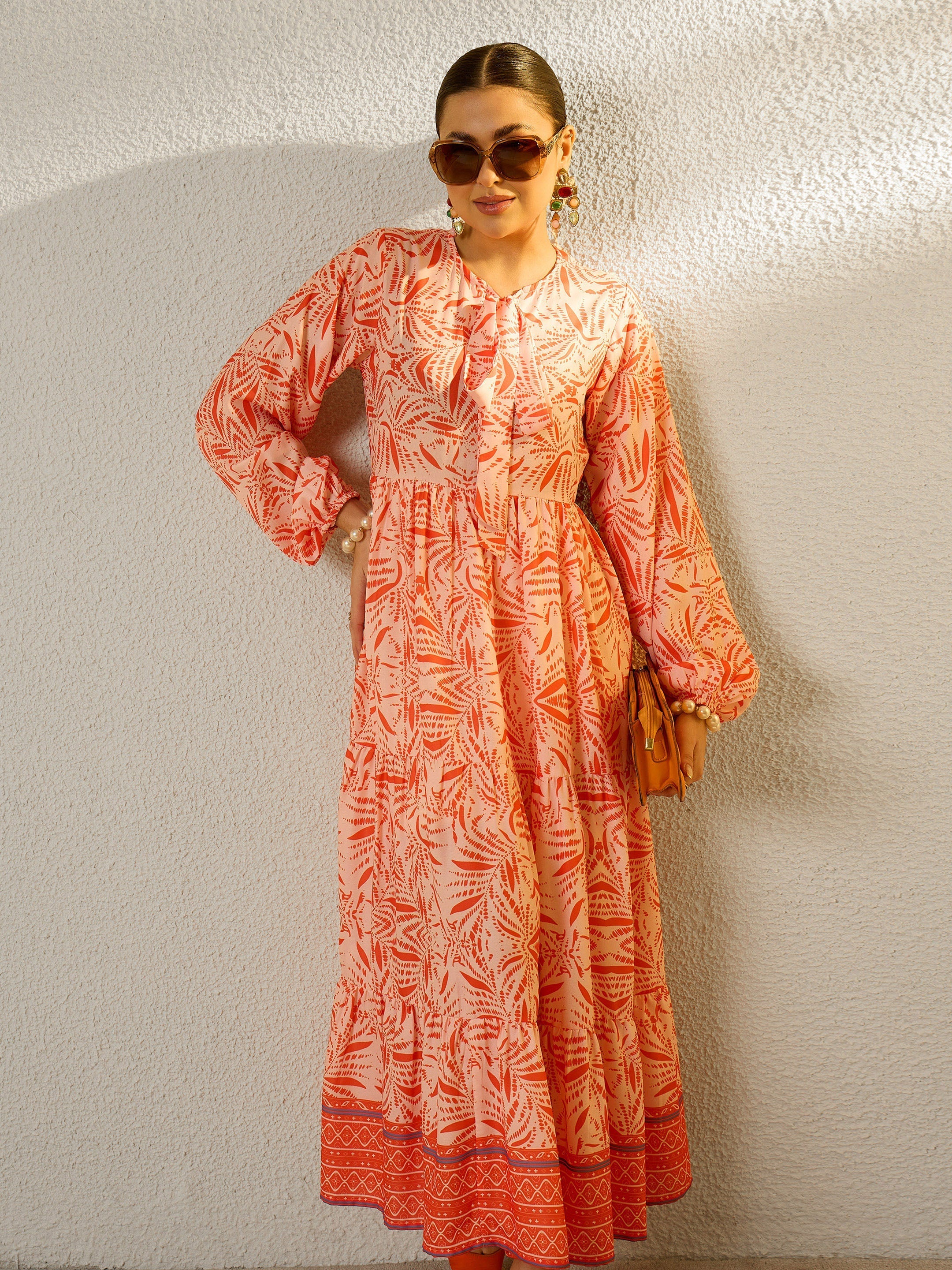 Orange Conversational Print Full Sleeves Maxi Dress SASSAFRAS