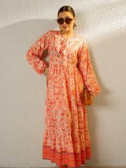 Orange Conversational Print Full Sleeves Maxi Dress SASSAFRAS