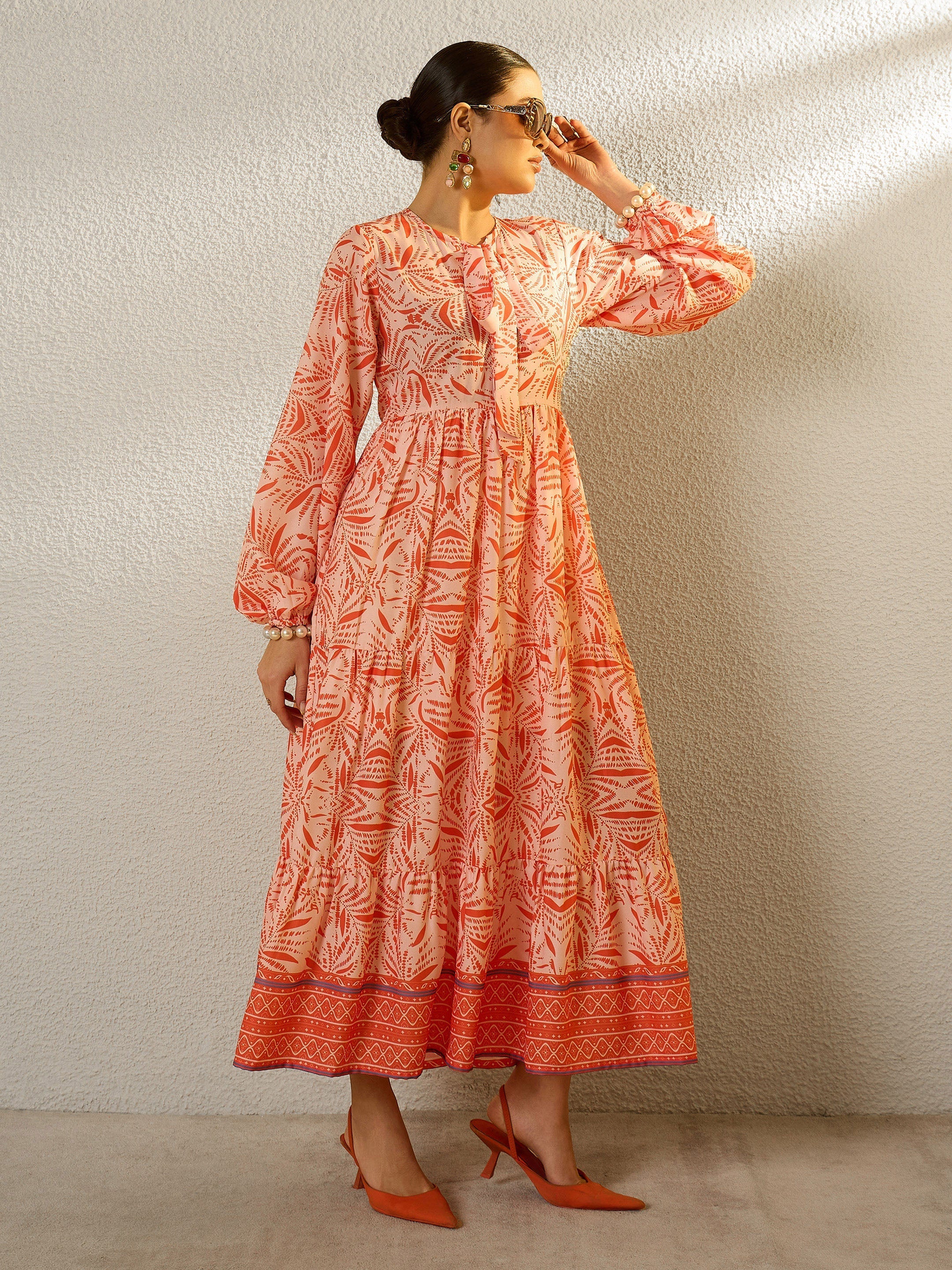 Orange Conversational Print Full Sleeves Maxi Dress SASSAFRAS