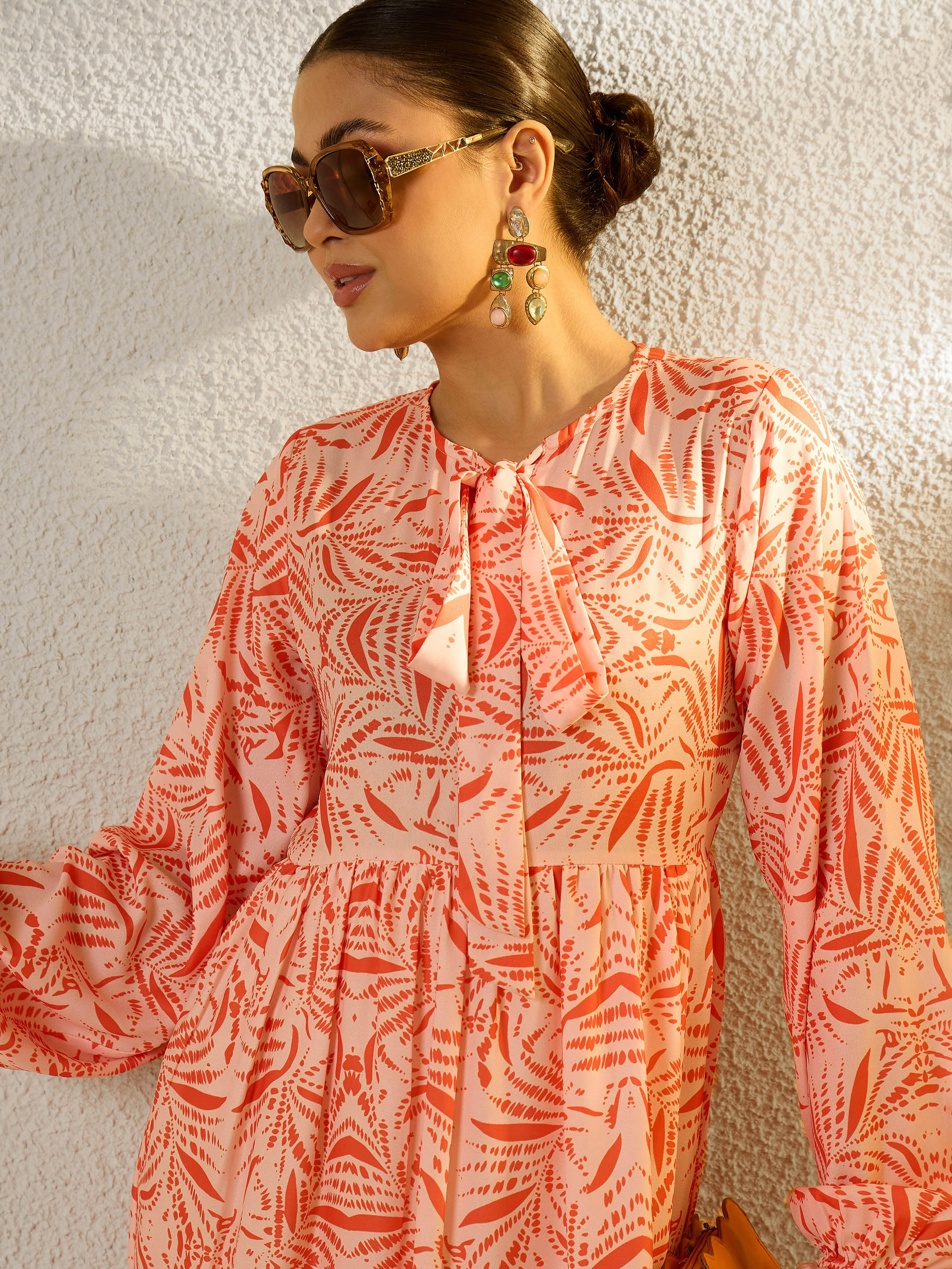 Orange Conversational Print Full Sleeves Maxi Dress SASSAFRAS