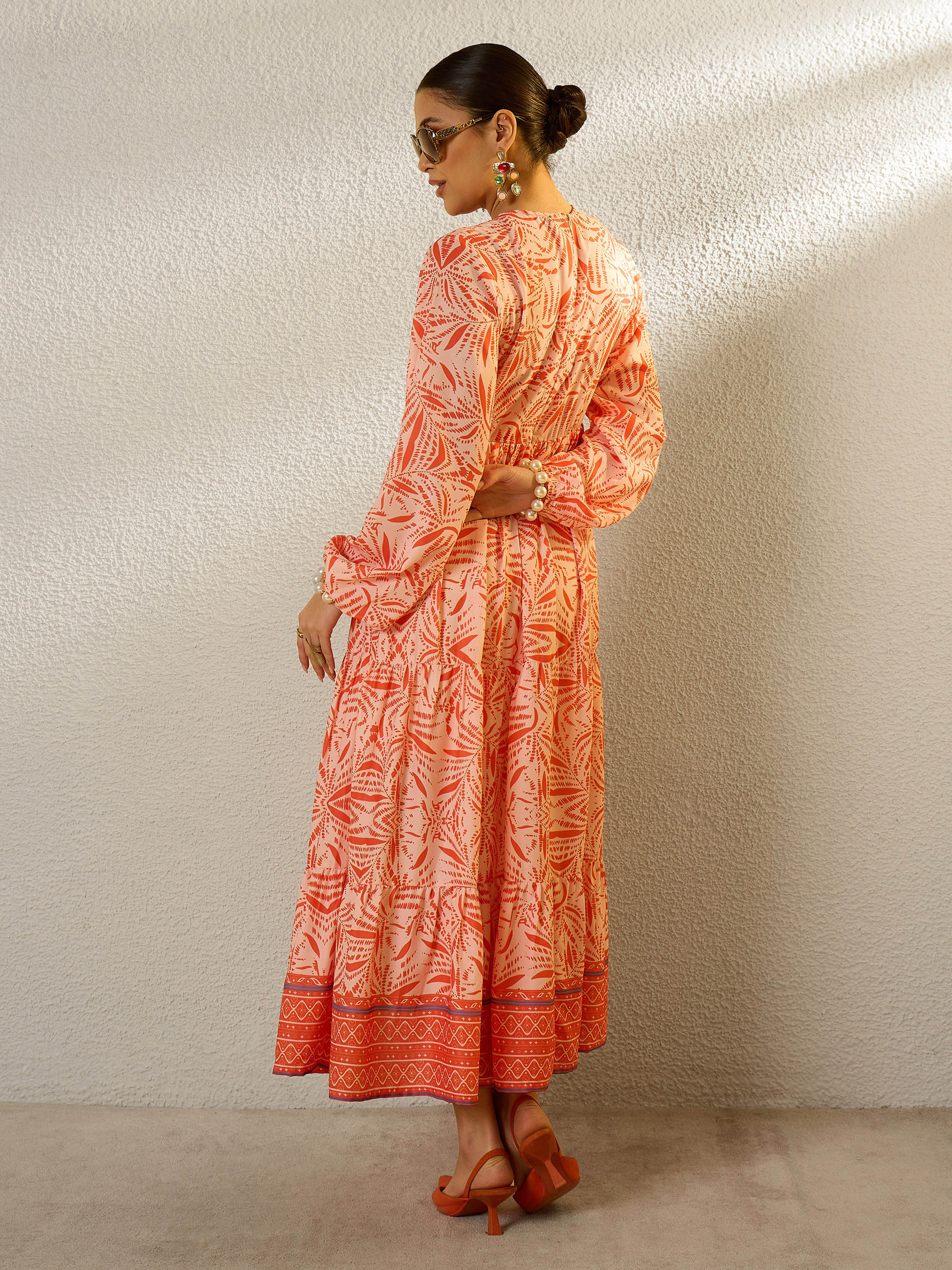 Orange Conversational Print Full Sleeves Maxi Dress SASSAFRAS