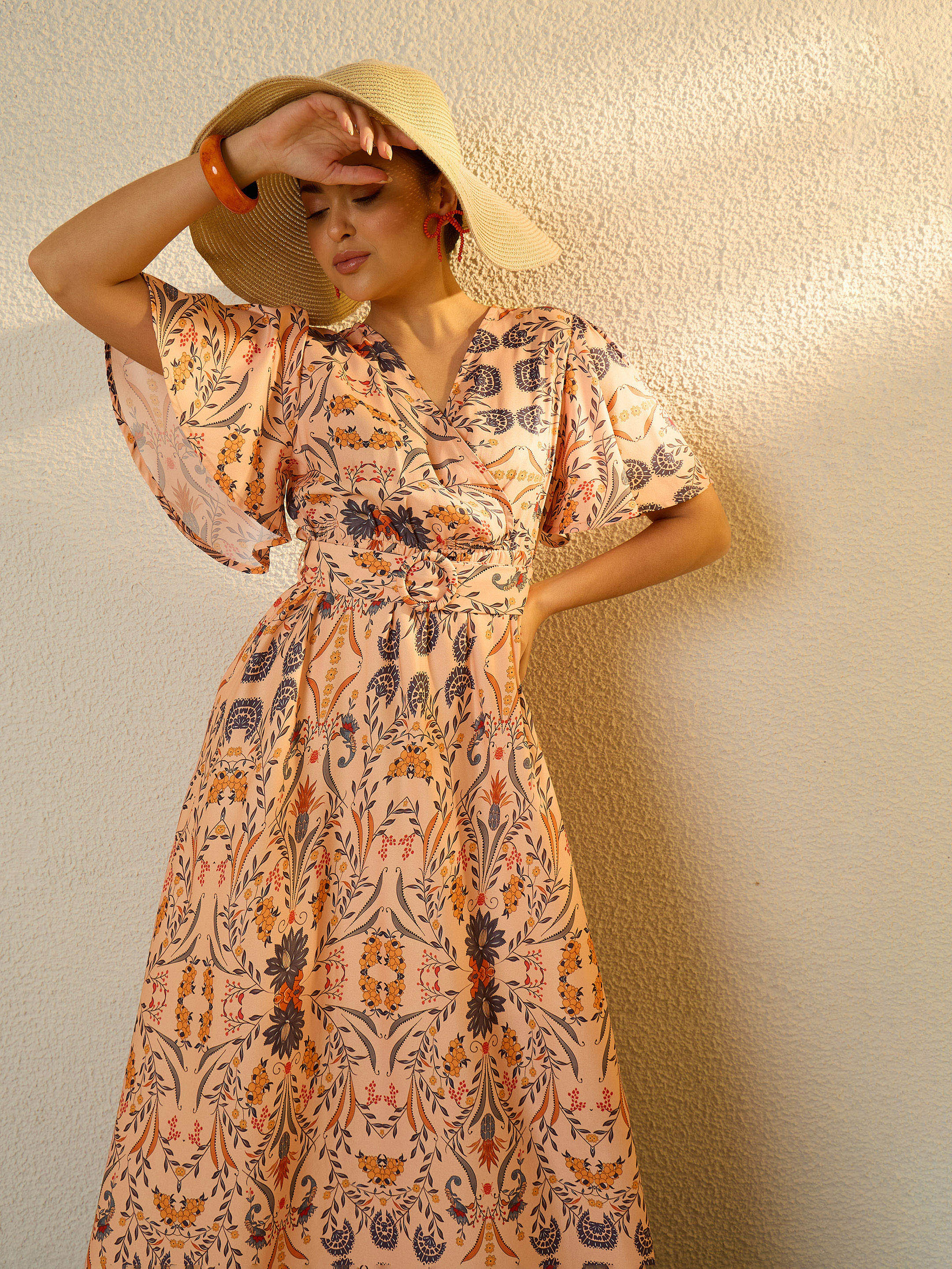 Peach Floral V Neck Short Sleeve Belted Maxi Dress SASSAFRAS