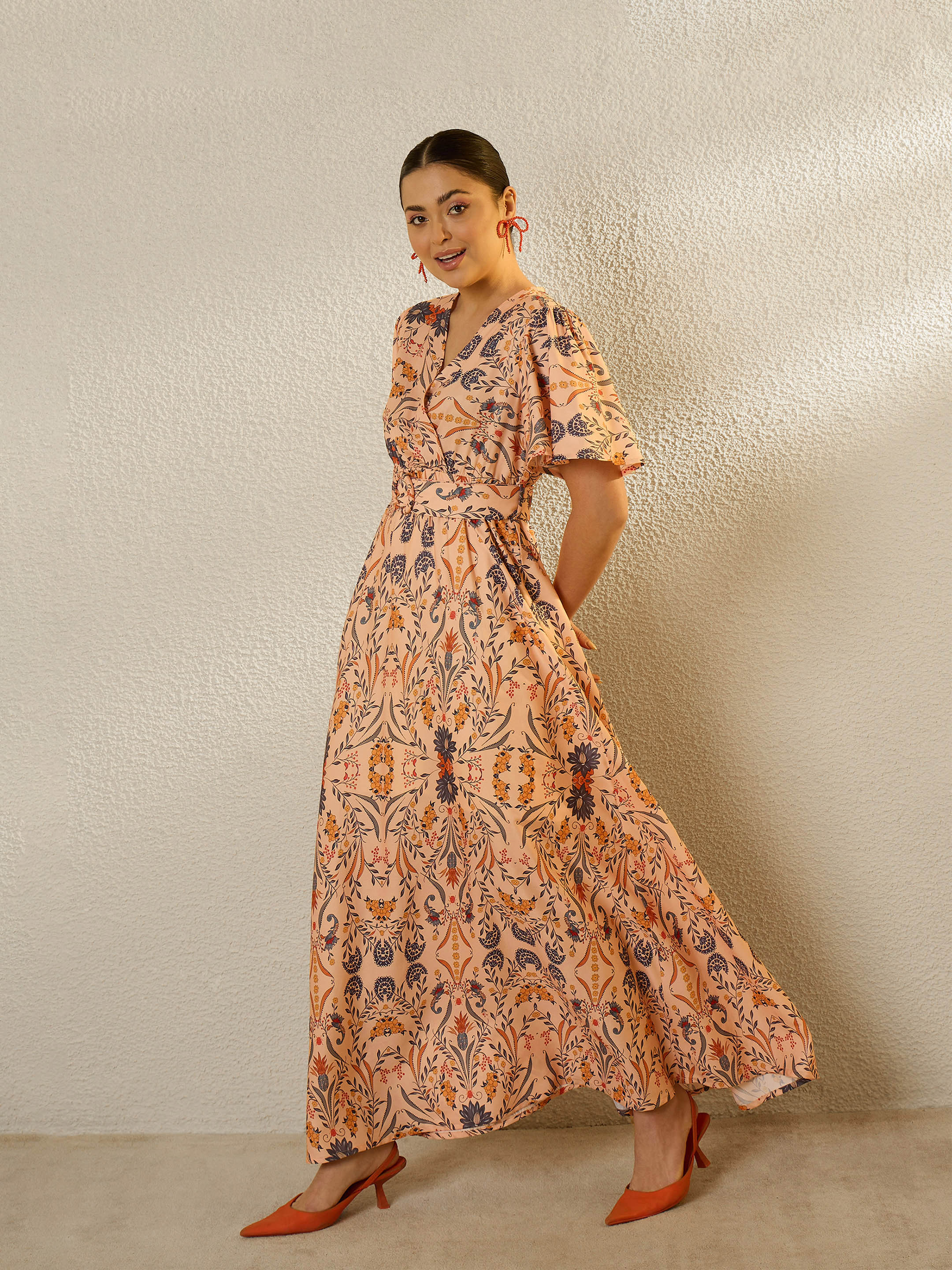 Peach Floral V Neck Short Sleeve Belted Maxi Dress SASSAFRAS