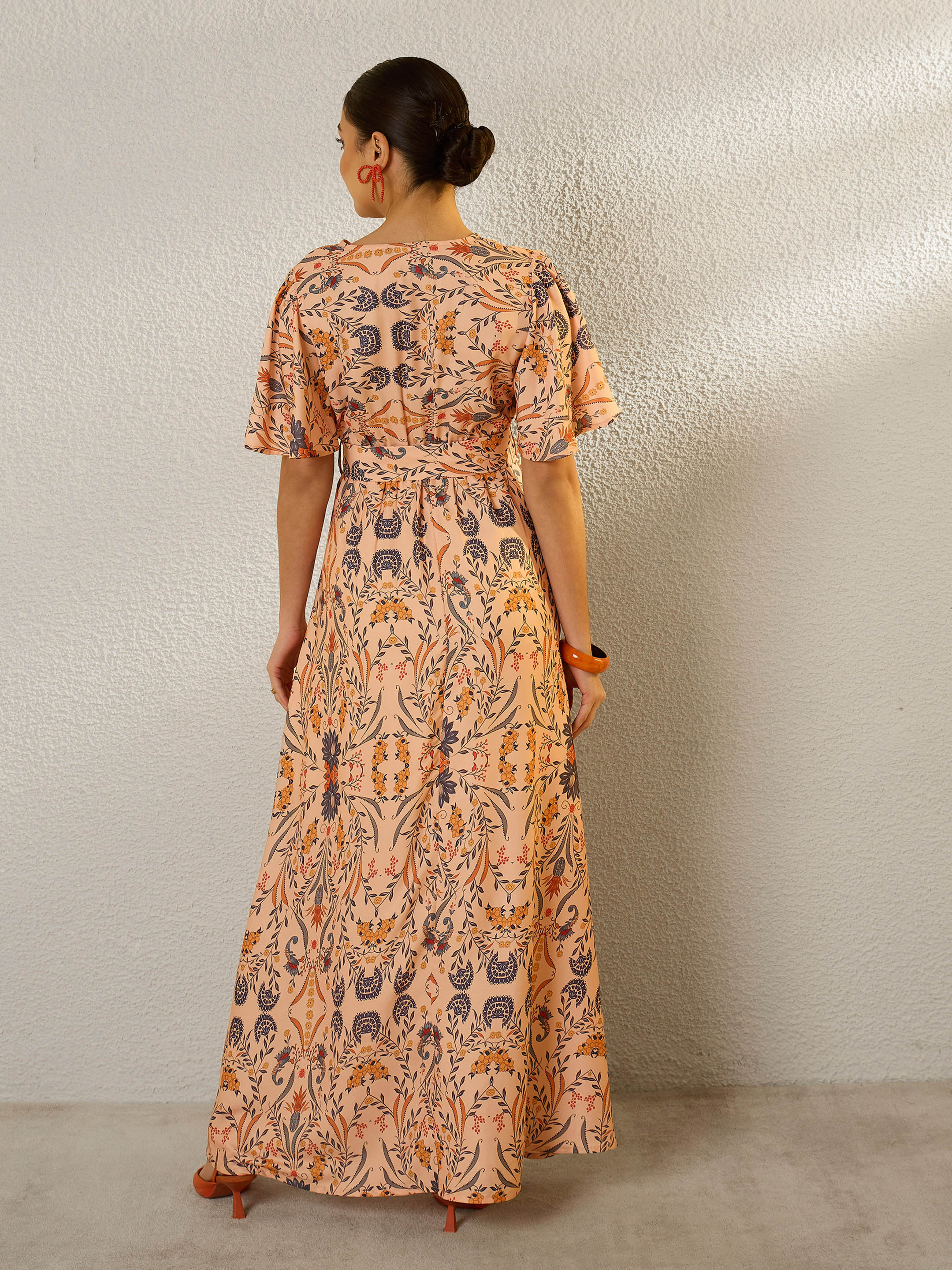 Peach Floral V Neck Short Sleeve Belted Maxi Dress SASSAFRAS