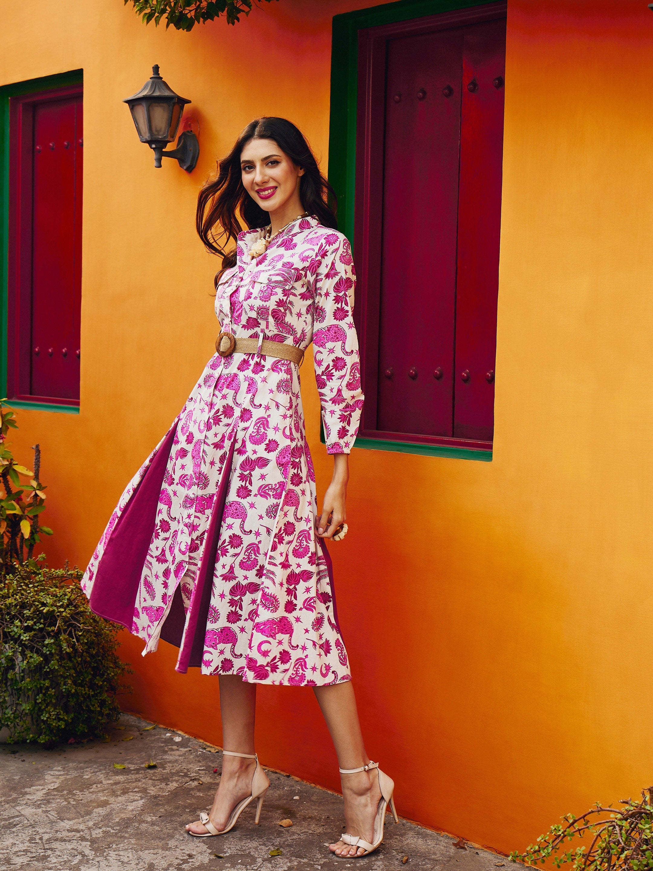 Women Pink Printed Kick Pleat Midi Dress