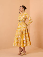 Women Yellow Floral Kick Pleat Midi Dress