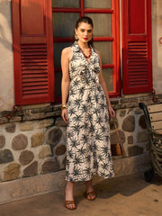 Black Printed Front Knot Button Down Midi Dress Pink Paprika By SASSAFRAS