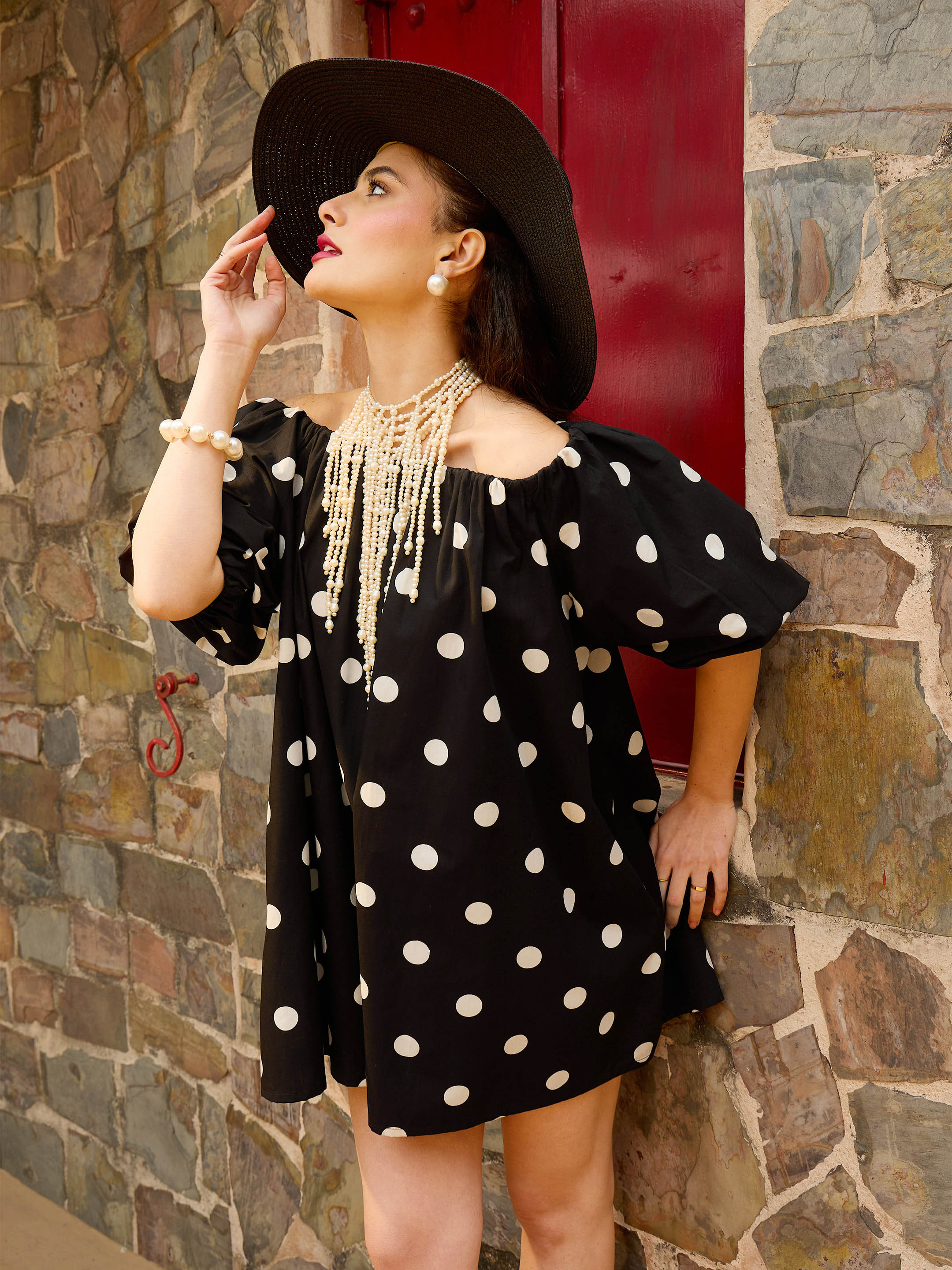 Black & White Big Polka Dot Off Shoulder Short Dress Pink Paprika By SASSAFRAS