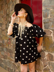 Black & White Big Polka Dot Off Shoulder Short Dress Pink Paprika By SASSAFRAS