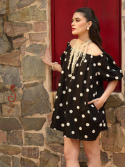 Black & White Big Polka Dot Off Shoulder Short Dress Pink Paprika By SASSAFRAS