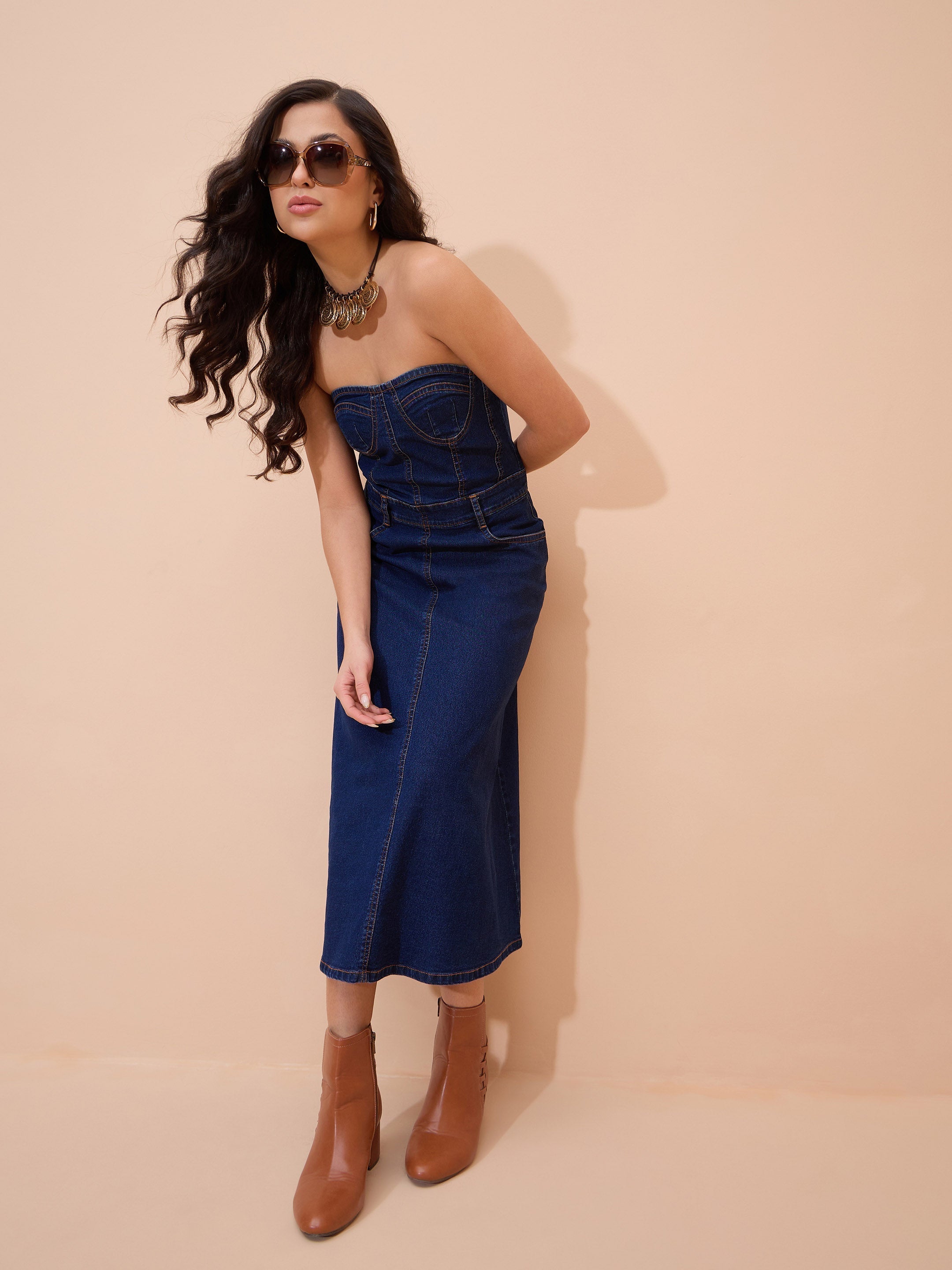 Navy Blue Denim Wash Tube Dress SASSAFRAS