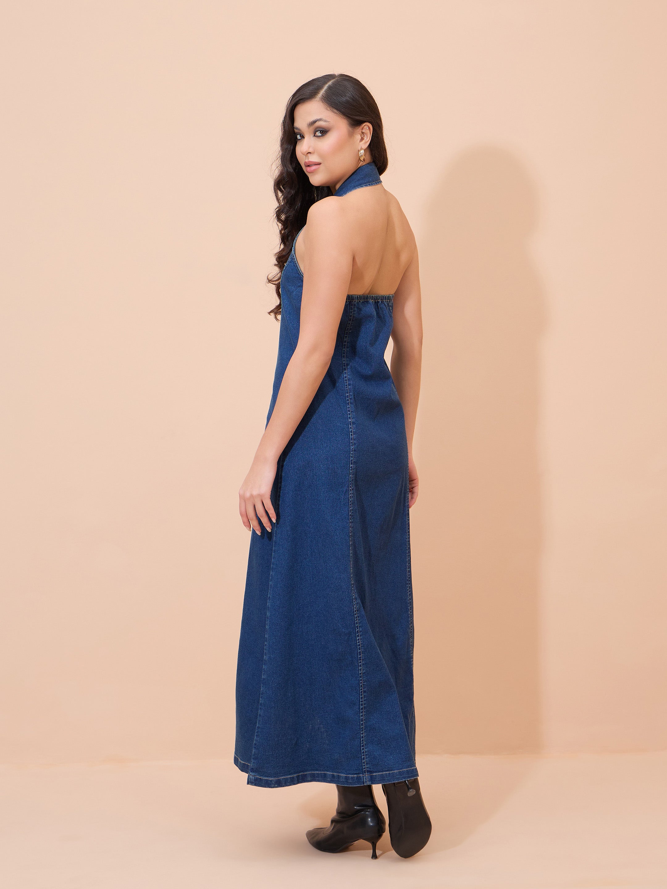 Women Blue Denim Button Down Halter Neck Maxi Dress