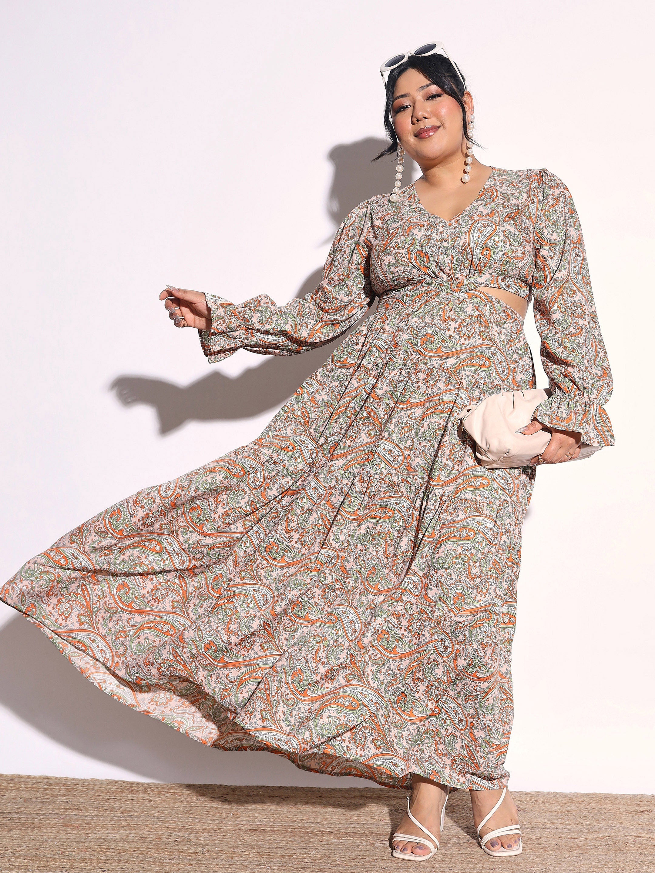 Pink Paisley Waist Cut Out Maxi Dress SASSAFRAS Curve