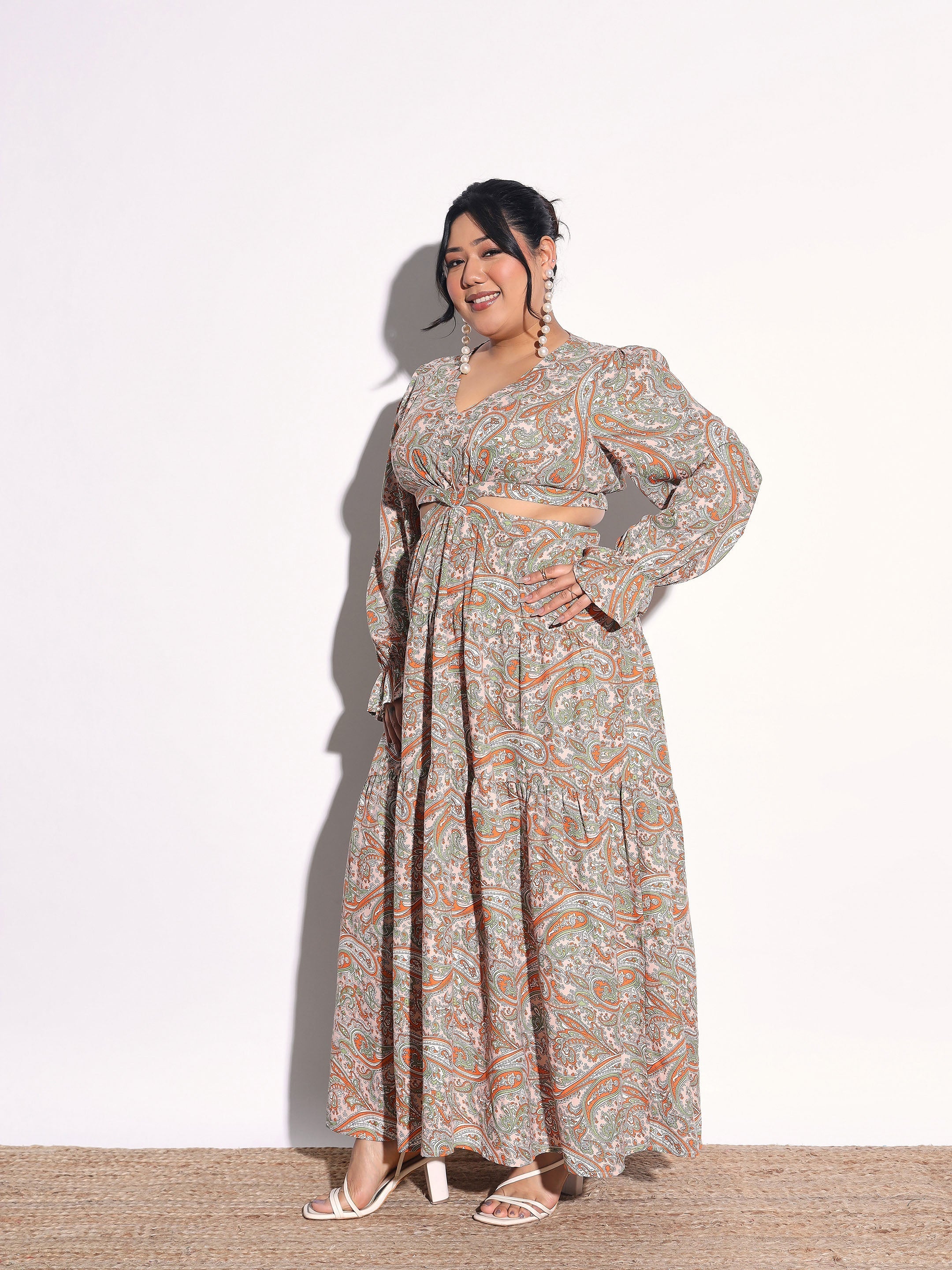 Pink Paisley Waist Cut Out Maxi Dress SASSAFRAS Curve