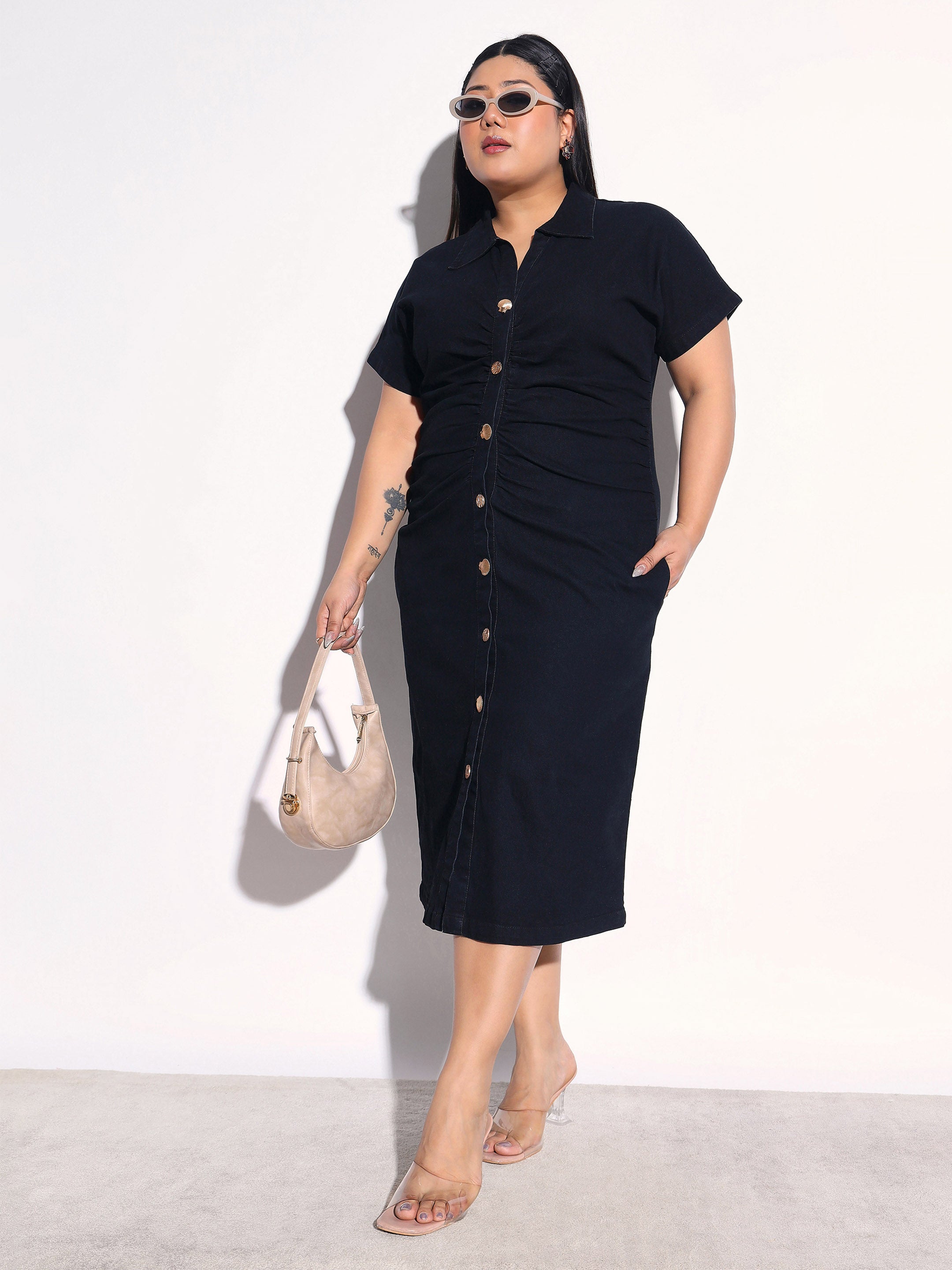 Black Blast Denim Front Ruching Bodycon Dress SASSAFRAS Curve