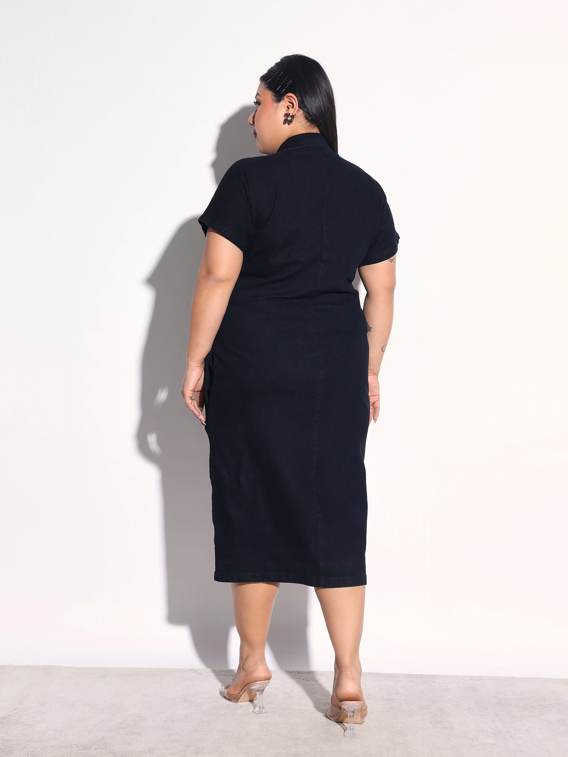 Black Blast Denim Front Ruching Bodycon Dress SASSAFRAS Curve