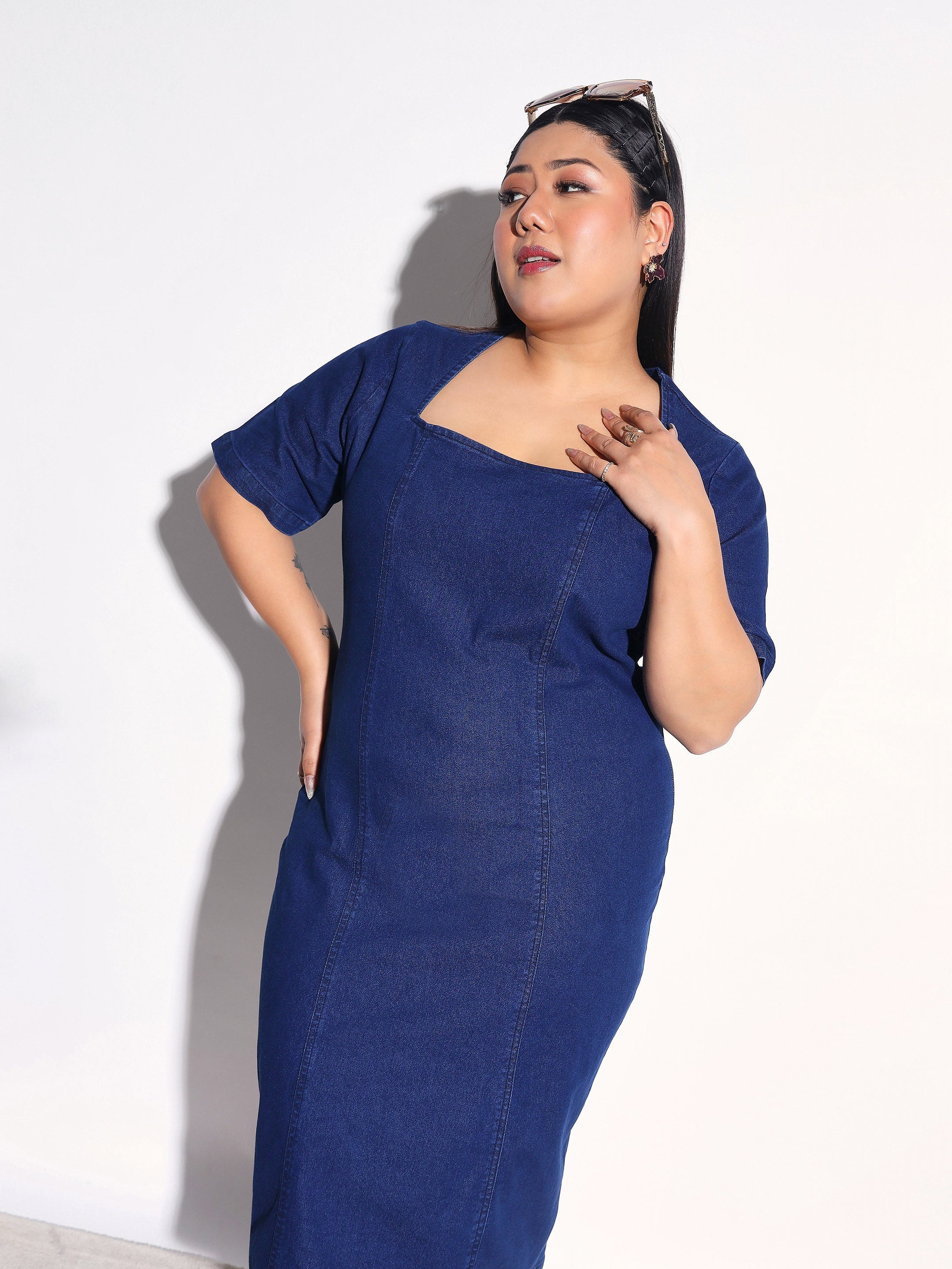 Navy Blue Denim Short Sleeves Bodycon Dress SASSAFRAS Curve