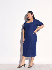 Navy Blue Denim Short Sleeves Bodycon Dress SASSAFRAS Curve