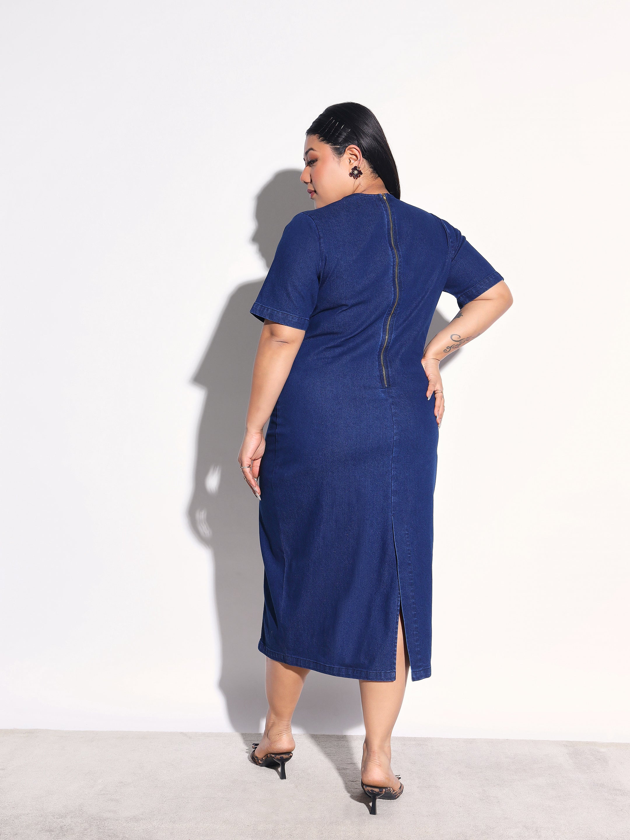 Navy Blue Denim Short Sleeves Bodycon Dress SASSAFRAS Curve