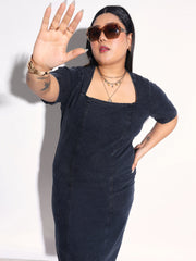 Black Denim Wash Short Sleeves Bodycon Dress SASSAFRAS Curve
