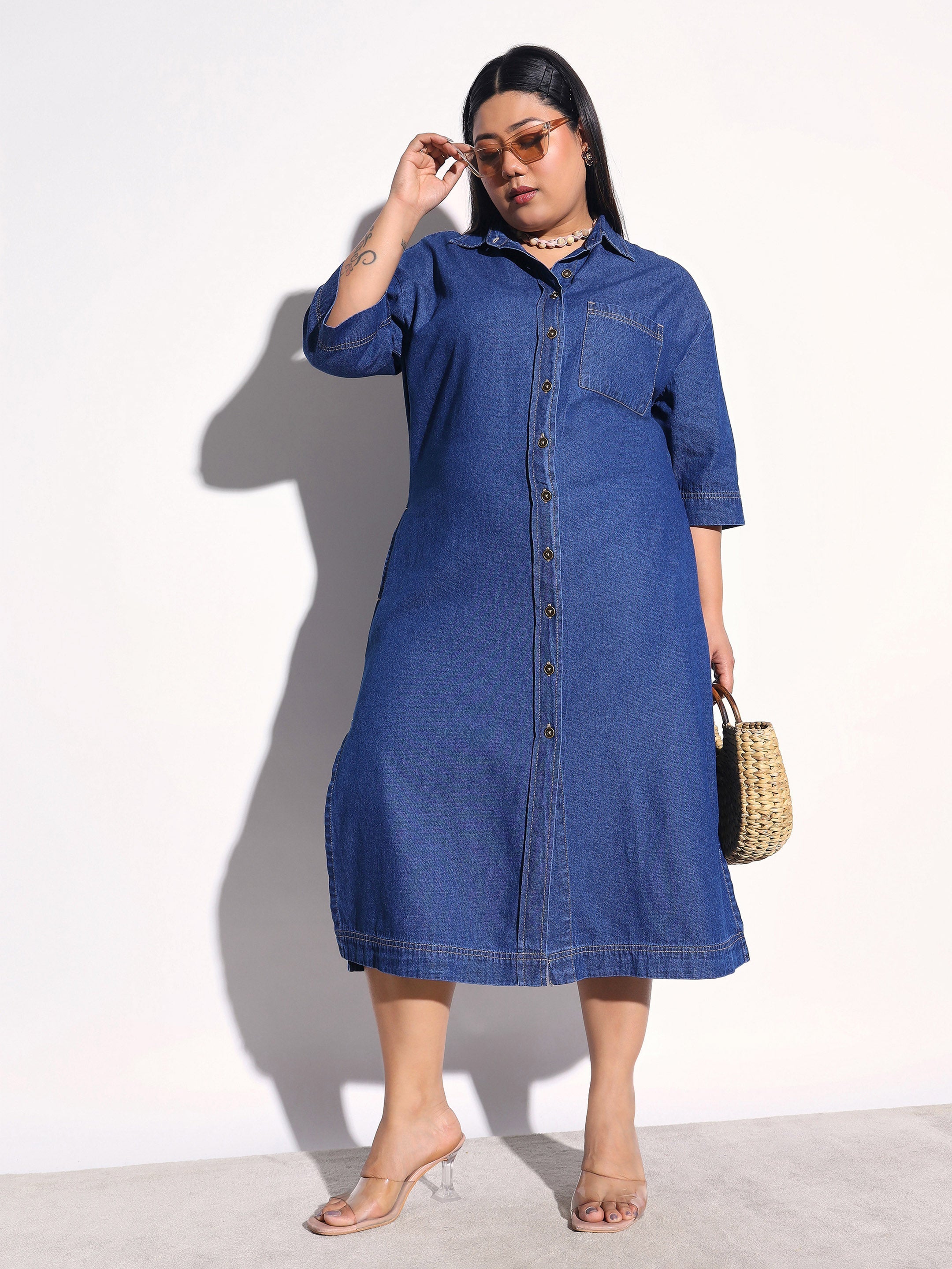 Navy Blue Tencel Button Down Shirt Midi Dress SASSAFRAS Curve