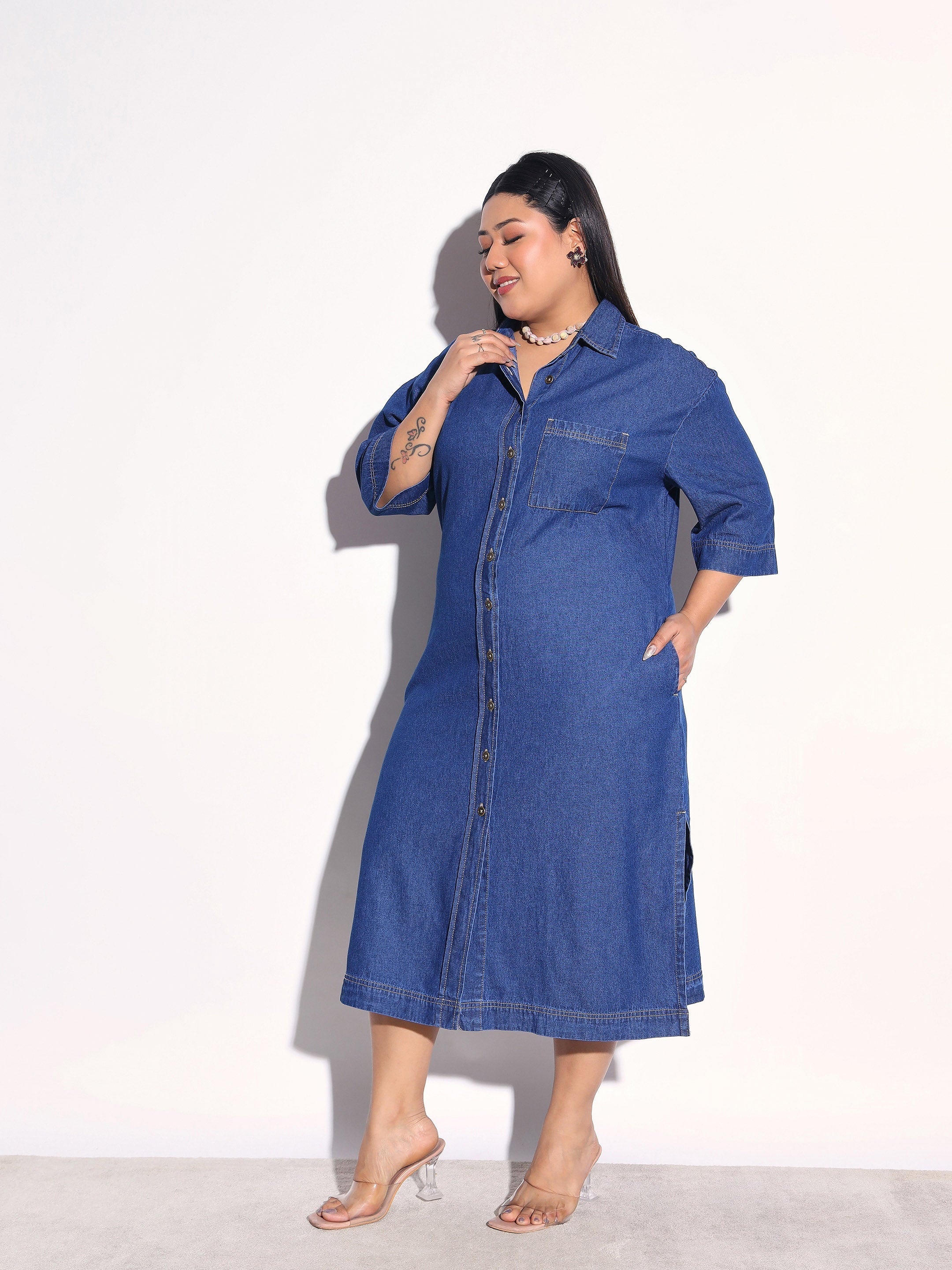 Navy Blue Tencel Button Down Shirt Midi Dress SASSAFRAS Curve
