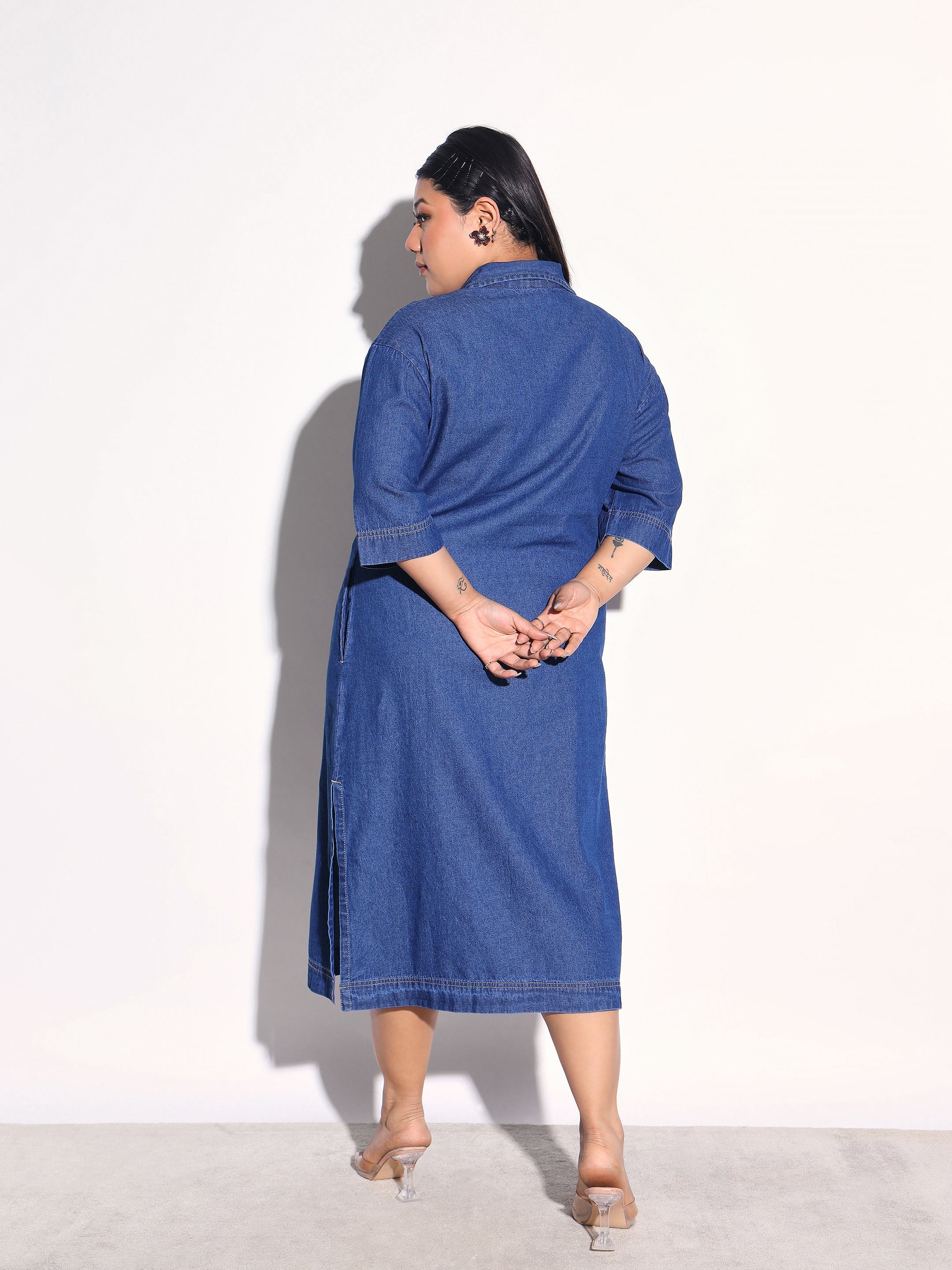 Navy Blue Tencel Button Down Shirt Midi Dress SASSAFRAS Curve