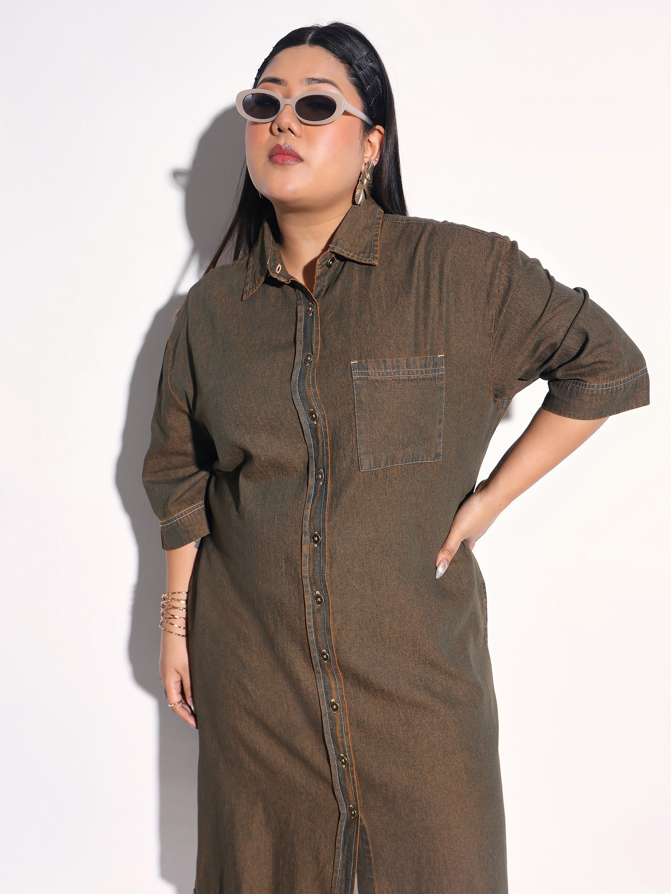 Green Wash Tencel Button Down Shirt Midi Dress SASSAFRAS Curve