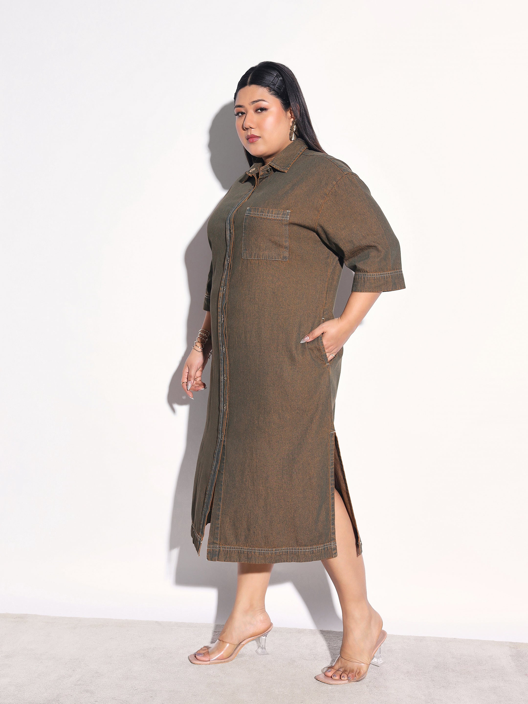 Green Wash Tencel Button Down Shirt Midi Dress SASSAFRAS Curve
