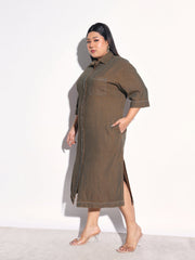 Green Wash Tencel Button Down Shirt Midi Dress SASSAFRAS Curve