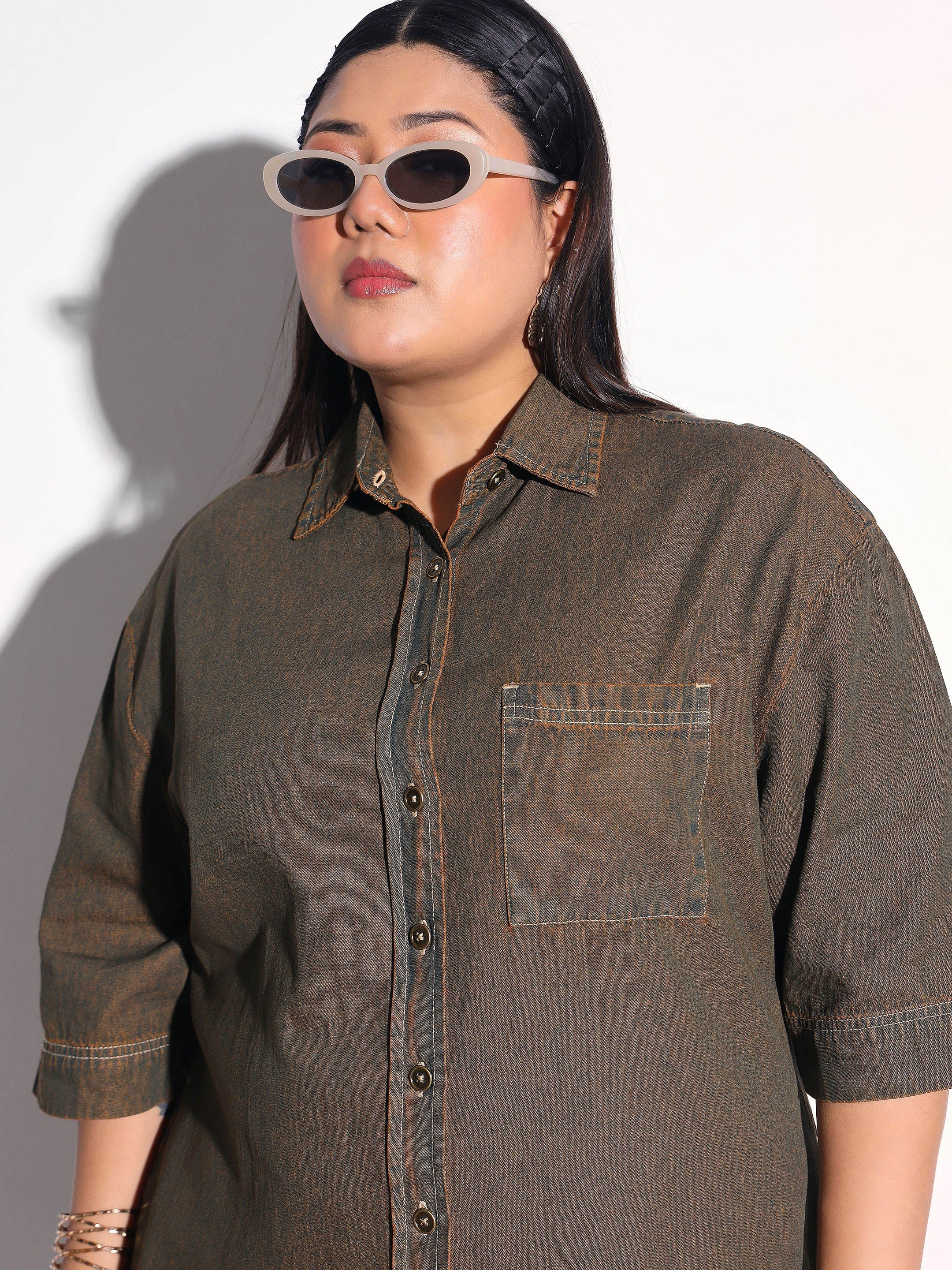 Green Wash Tencel Button Down Shirt Midi Dress SASSAFRAS Curve