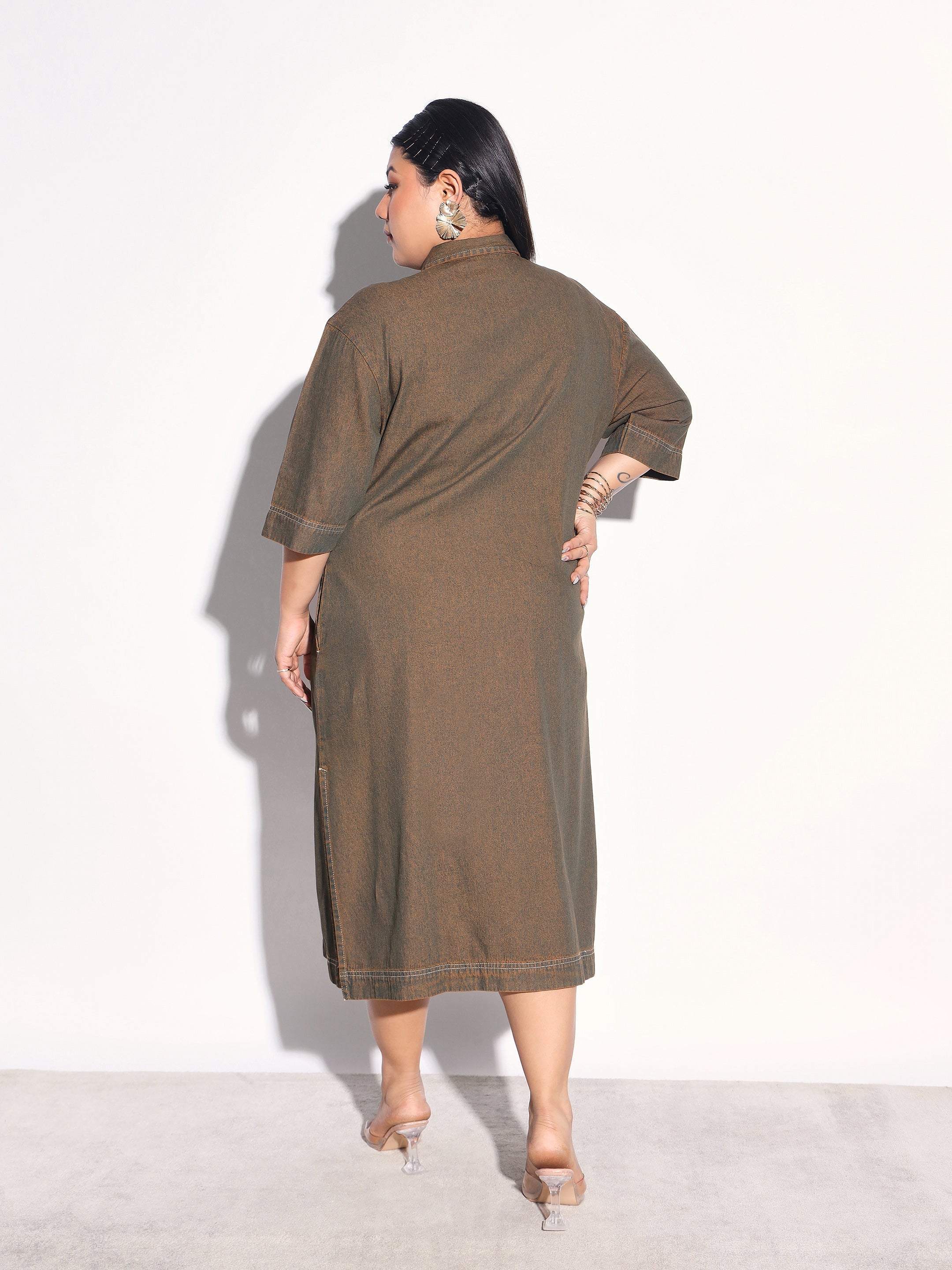 Green Wash Tencel Button Down Shirt Midi Dress SASSAFRAS Curve
