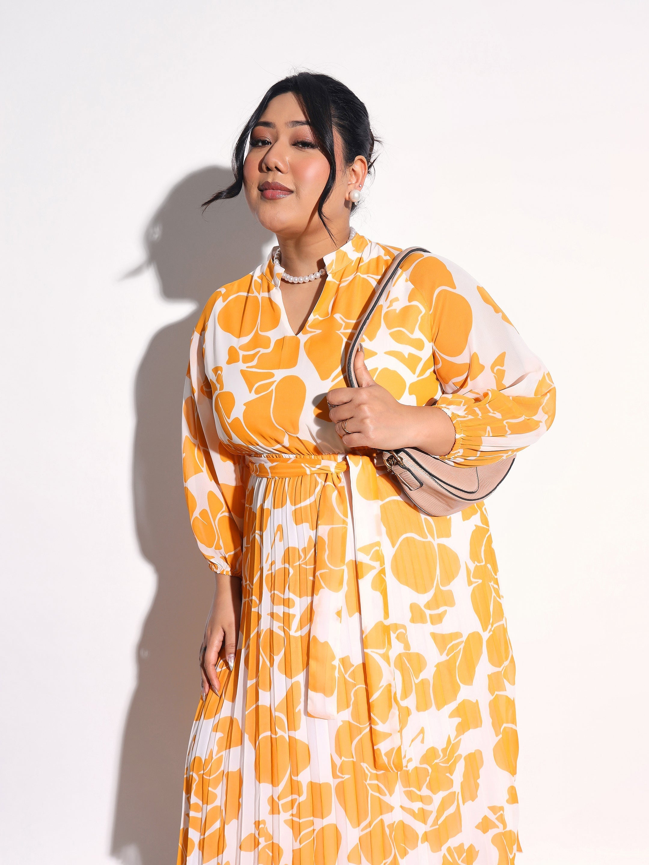 Yellow & White Floral Pleated Midi Dress SASSAFRAS Curve
