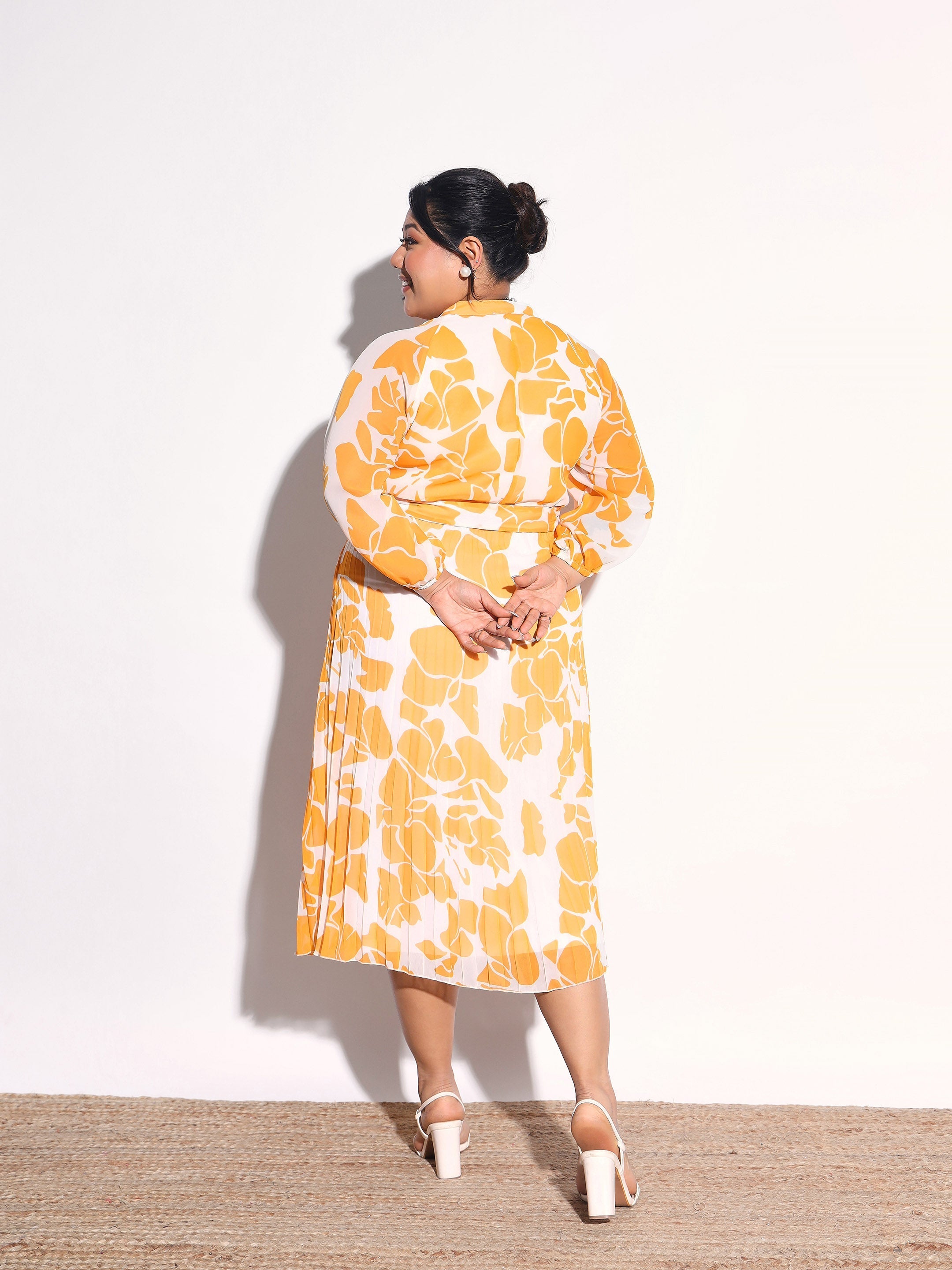 Yellow & White Floral Pleated Midi Dress SASSAFRAS Curve