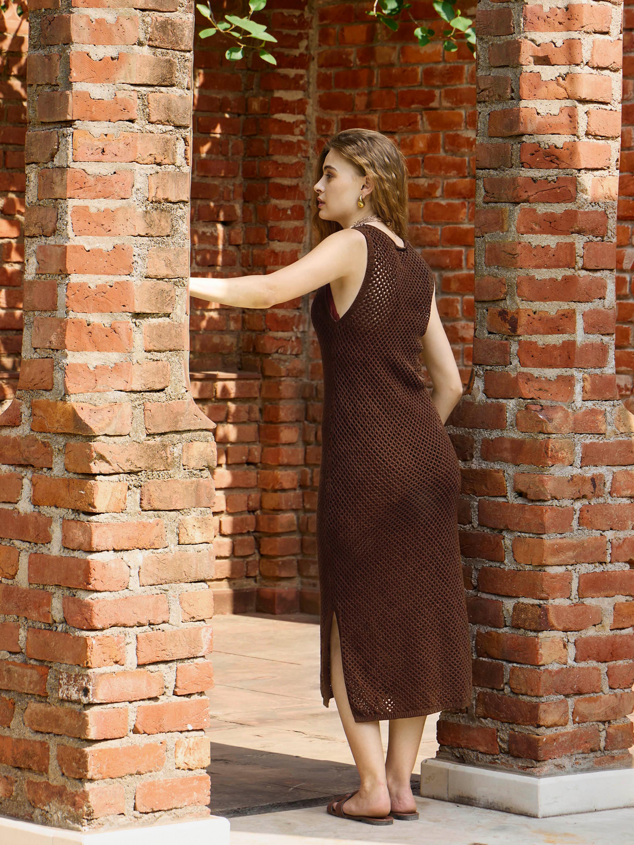 Women Brown Crochet Sleeveless Beach Midi