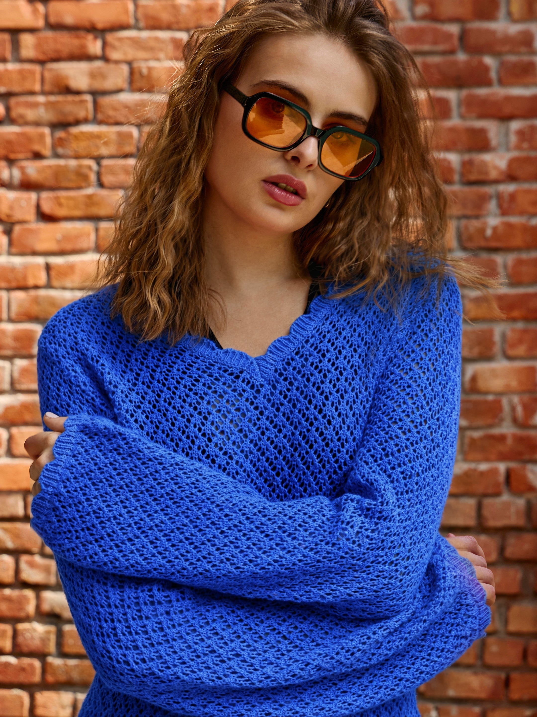 Women Blue Crochet V-Neck Full Sleeve Short Beach Dress