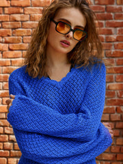 Women Blue Crochet V-Neck Full Sleeve Short Beach Dress
