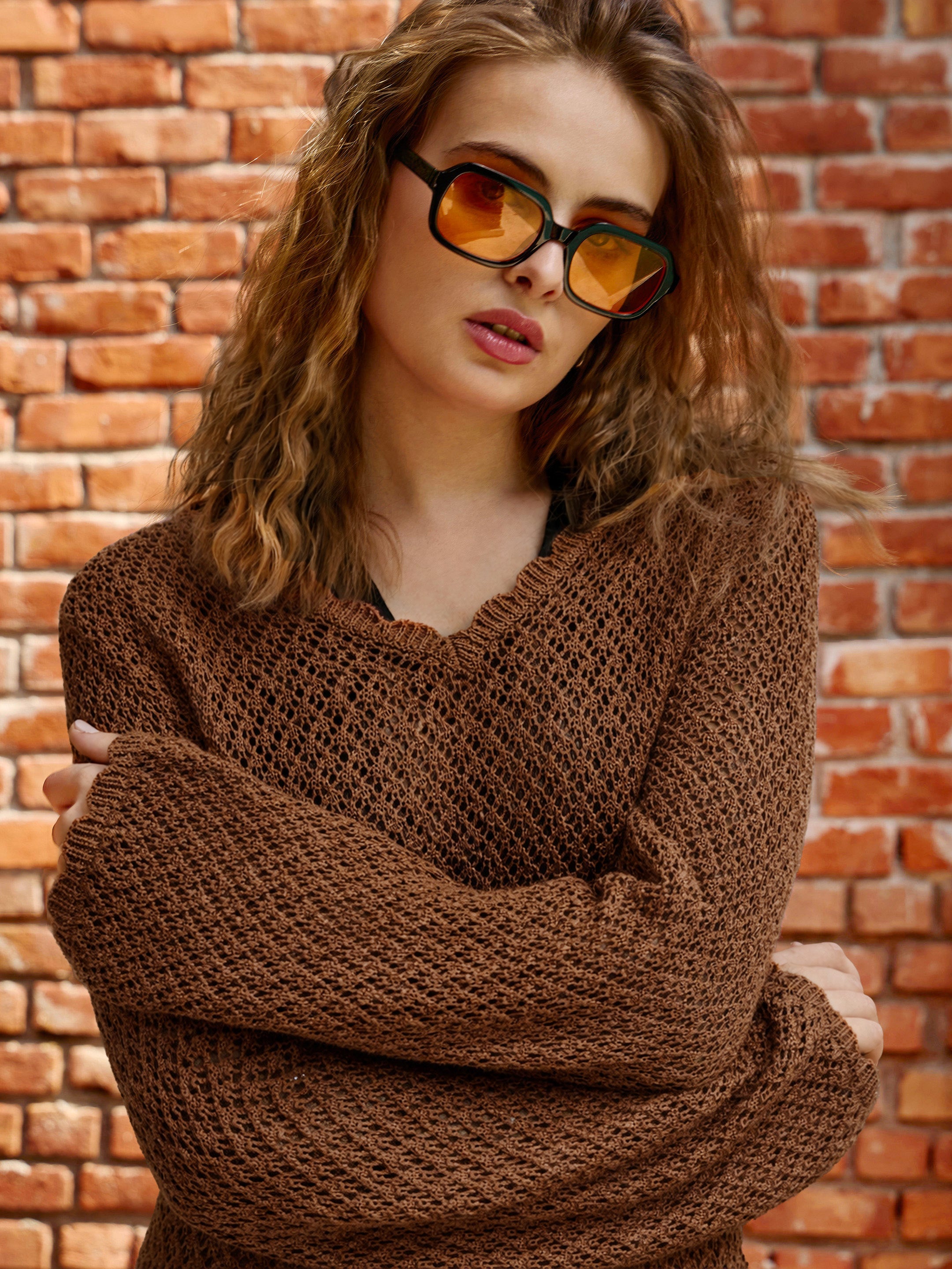 Women Brown Crochet V-Neck Full Sleeve Short Beach Dress