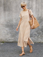 Women Beige & White Stripes Short Sleeves T-Shirt Maxi Dress