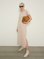 Women Beige & White Stripes Short Sleeves T-Shirt Maxi Dress