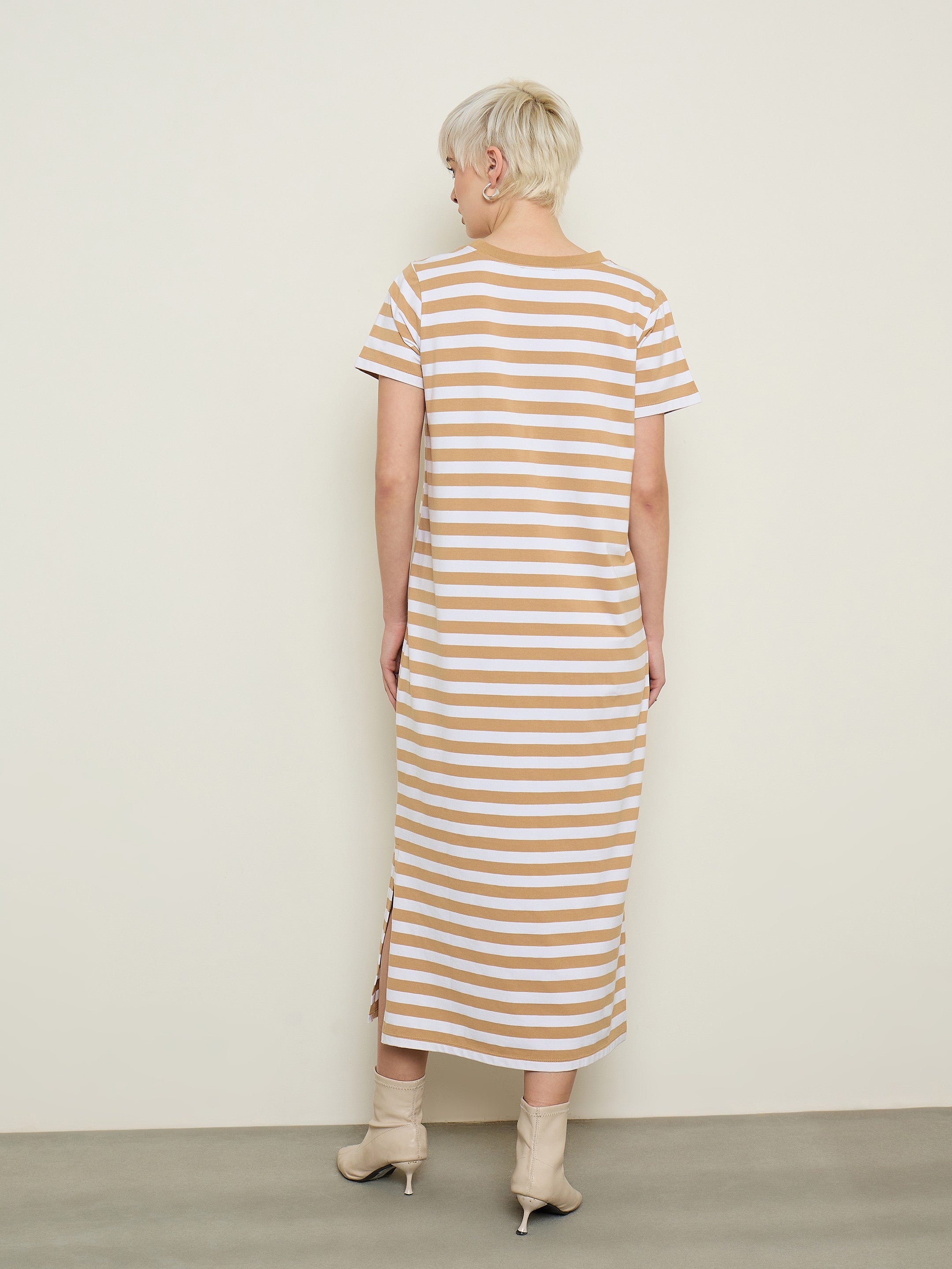 Women Beige & White Stripes Short Sleeves T-Shirt Maxi Dress