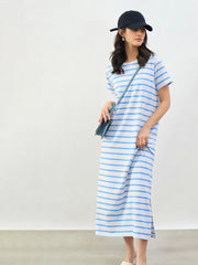 Women Blue & White Stripes Short Sleeves T-Shirt Maxi Dress