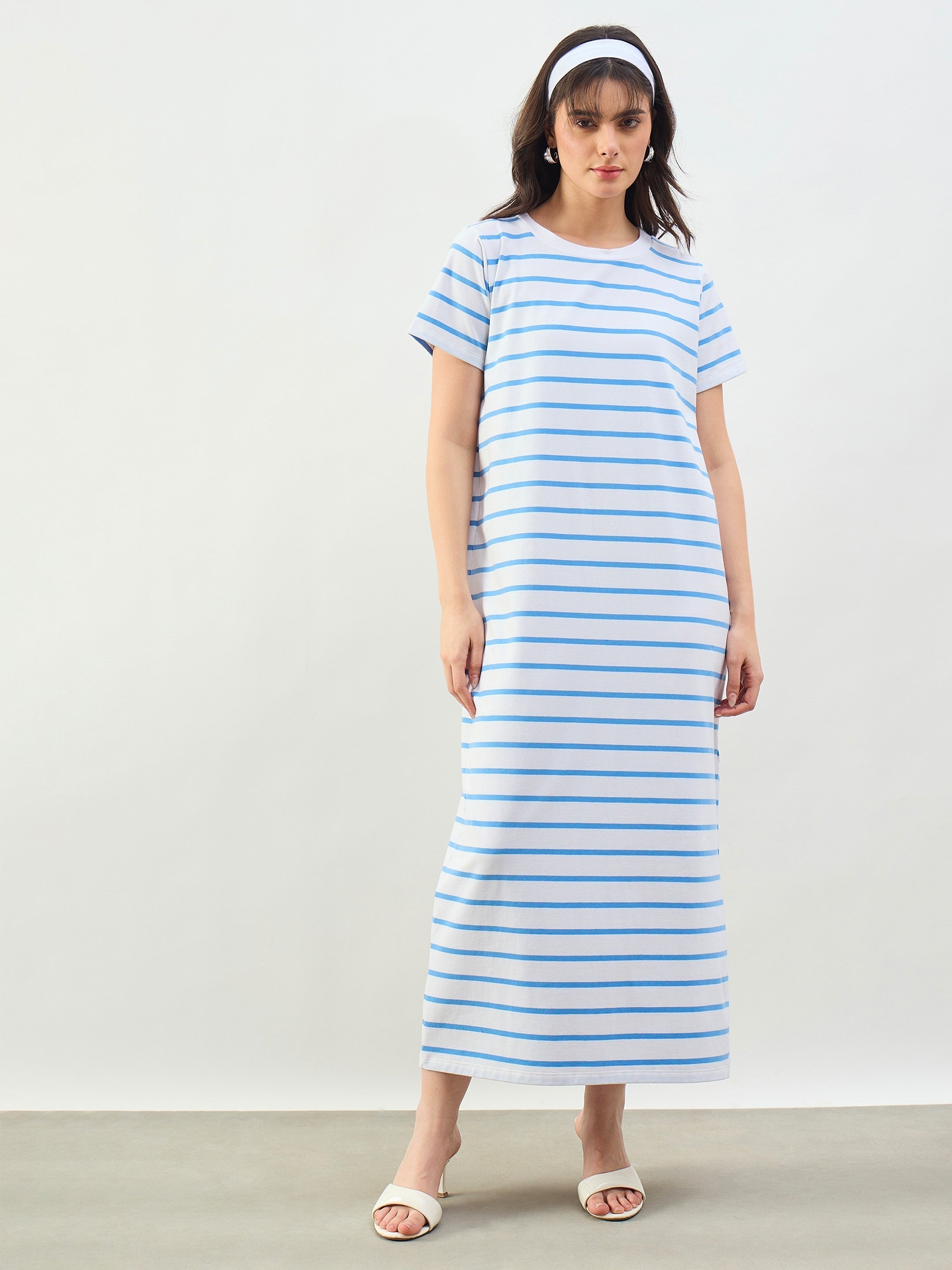 Women Blue & White Stripes Short Sleeves T-Shirt Maxi Dress