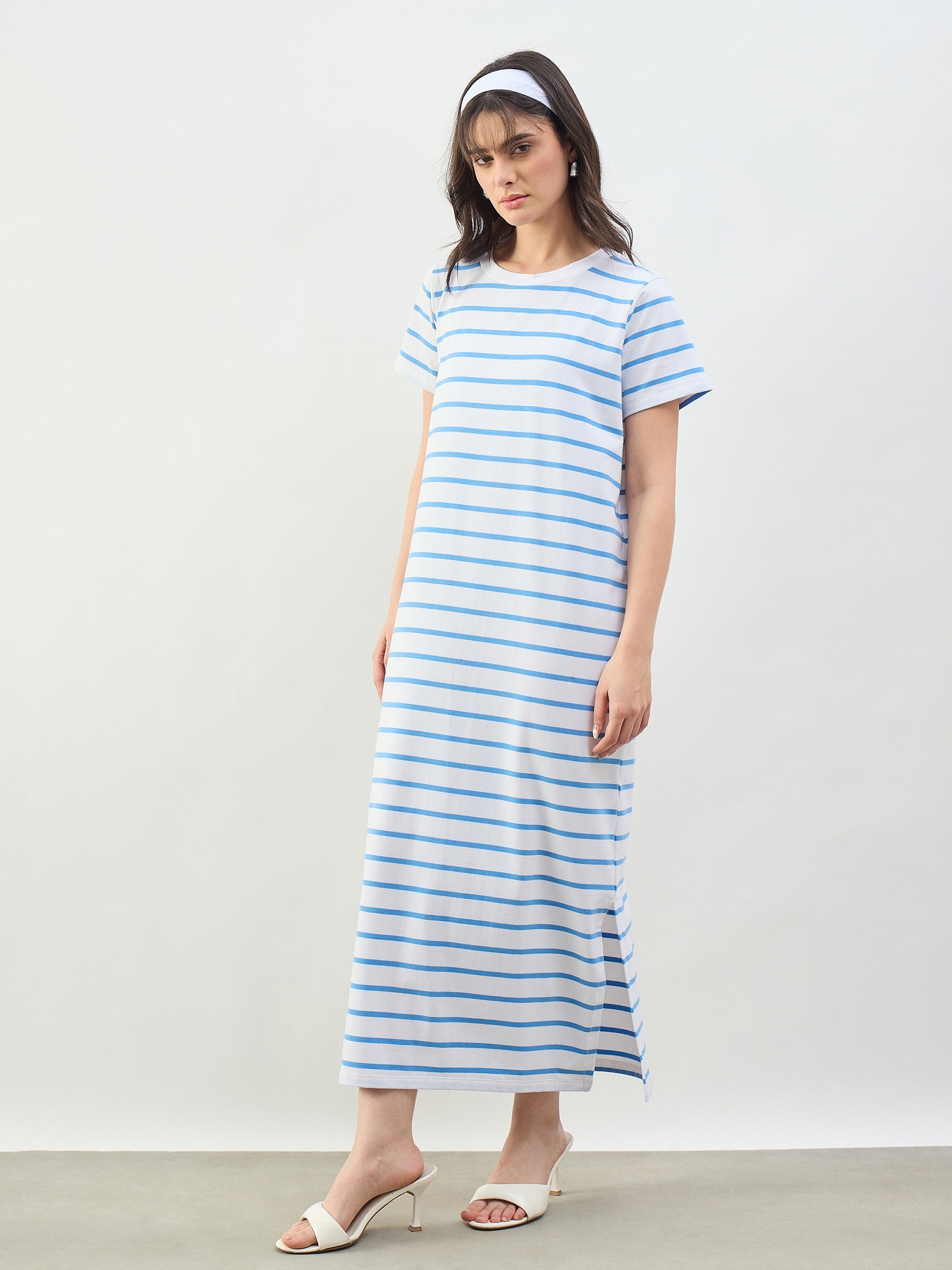 Women Blue & White Stripes Short Sleeves T-Shirt Maxi Dress